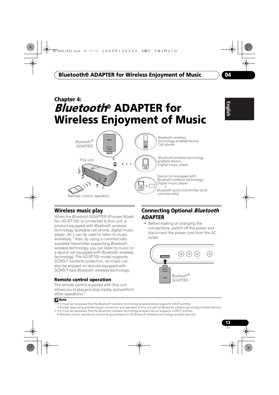 Bluetooth, Adapter for wireless, Enjoyment of music | Wireless music play, Remote control operation, Connecting optional bluetooth adapter, Adapter for wireless enjoyment of music, Chapter 4, Connecting optional, Adapter | Pioneer Digital Speaker System For iPod XW-NAS3 User Manual | Page 13 / 60