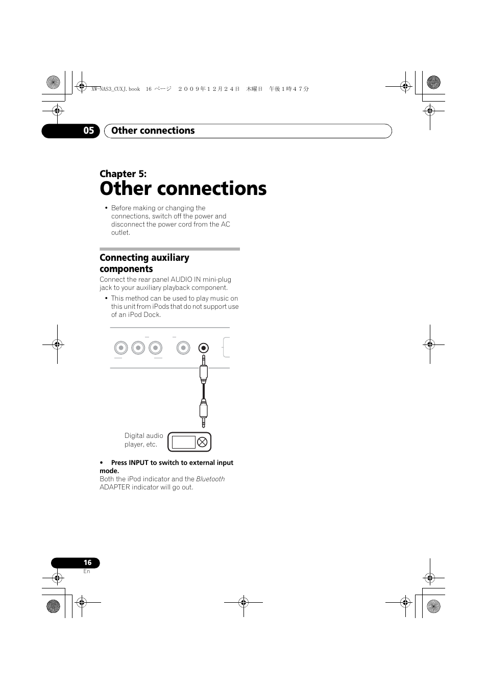 05 other connections, Connecting auxiliary components, Other connections | Other connections 05, Chapter 5 | Pioneer Digital Speaker System For iPod XW-NAS3 User Manual | Page 16 / 60