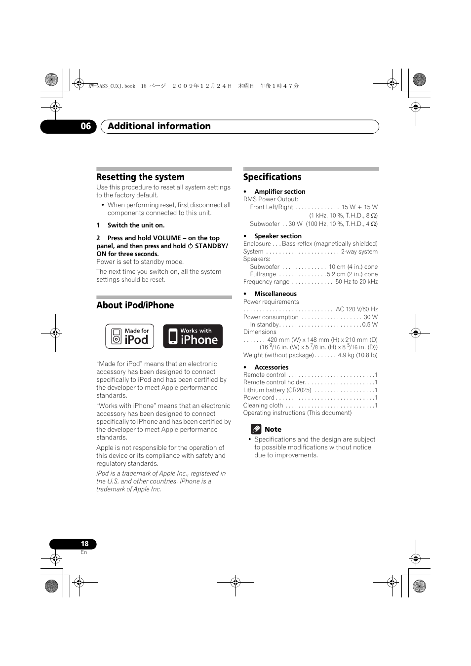 Resetting the system, About ipod/iphone, Specifications | Additional information 06 | Pioneer Digital Speaker System For iPod XW-NAS3 User Manual | Page 18 / 60