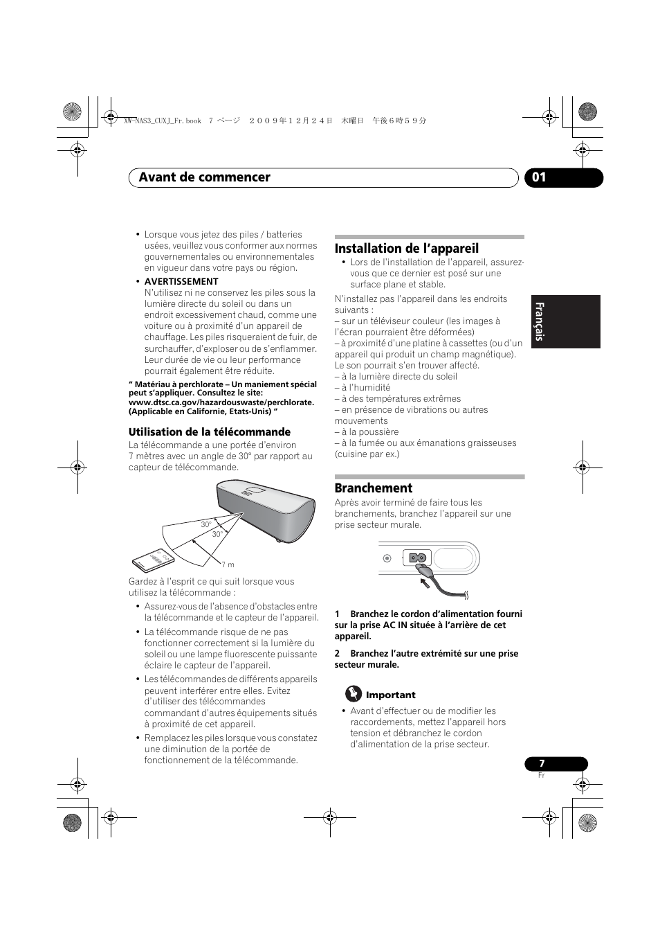 Utilisation de la télécommande, Installation de l’appareil, Branchement | Avant de commencer 01 | Pioneer Digital Speaker System For iPod XW-NAS3 User Manual | Page 25 / 60