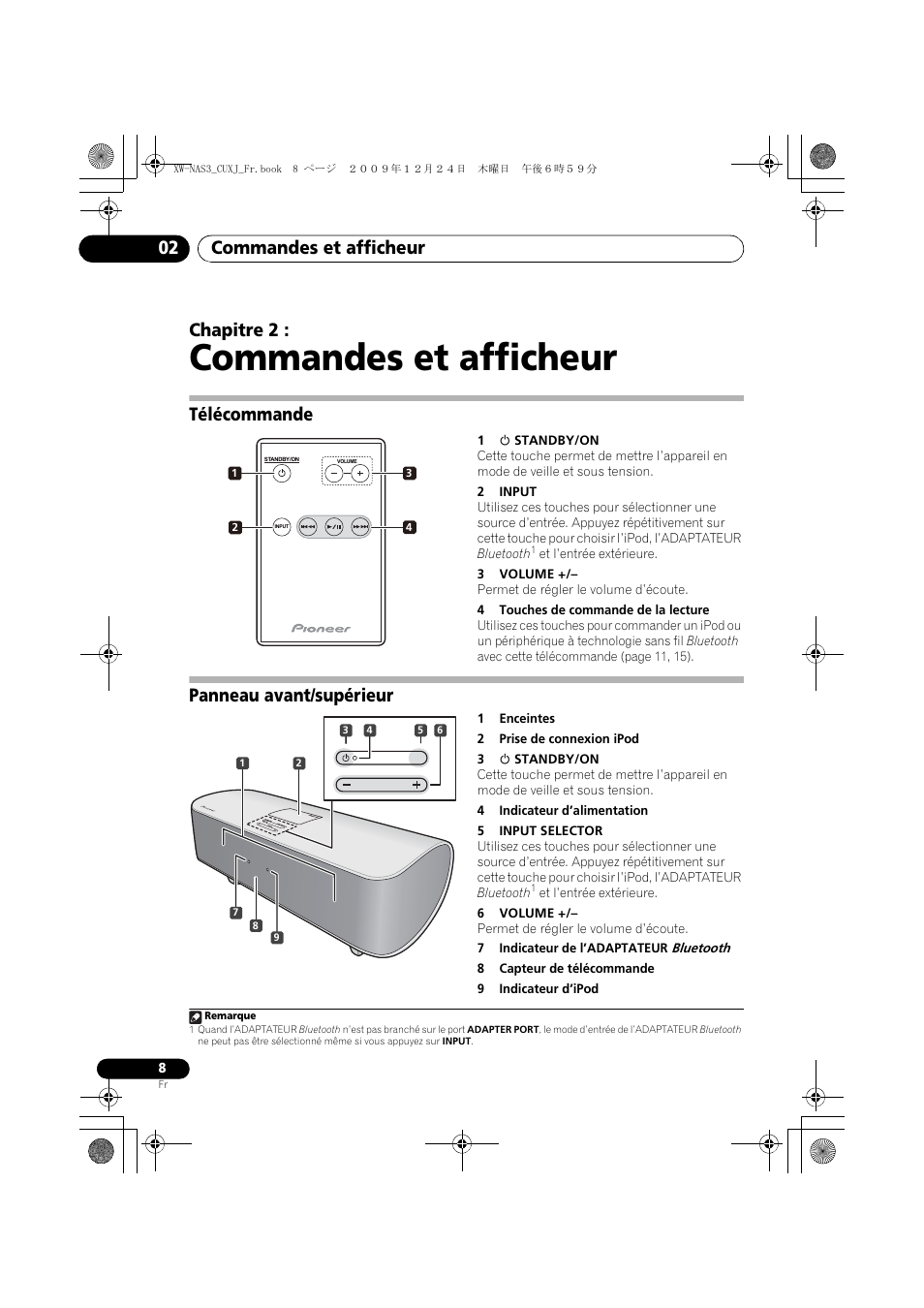 02 commandes et afficheur, Télécommande, Panneau avant/supérieur | Commandes et afficheur, Commandes et afficheur 02, Chapitre 2 | Pioneer Digital Speaker System For iPod XW-NAS3 User Manual | Page 26 / 60