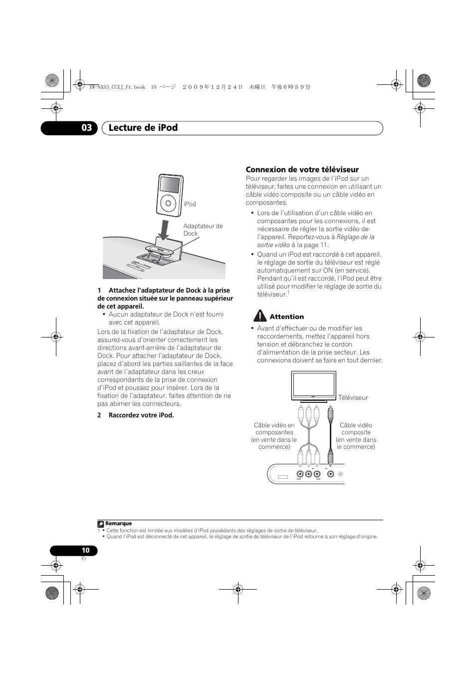 Connexion de votre téléviseur, Lecture de ipod 03 | Pioneer Digital Speaker System For iPod XW-NAS3 User Manual | Page 28 / 60