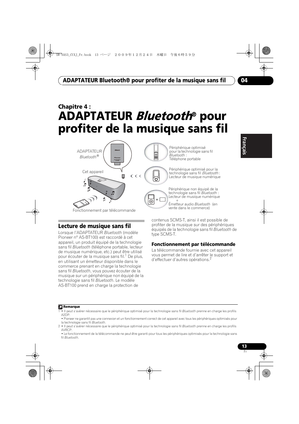 04 adaptateur, Bluetooth, Pour | Profiter de la musique sans fil, Lecture de musique sans fil, Fonctionnement par télécommande, Adaptateur, Pour profiter de la musique sans fil, Chapitre 4 | Pioneer Digital Speaker System For iPod XW-NAS3 User Manual | Page 31 / 60