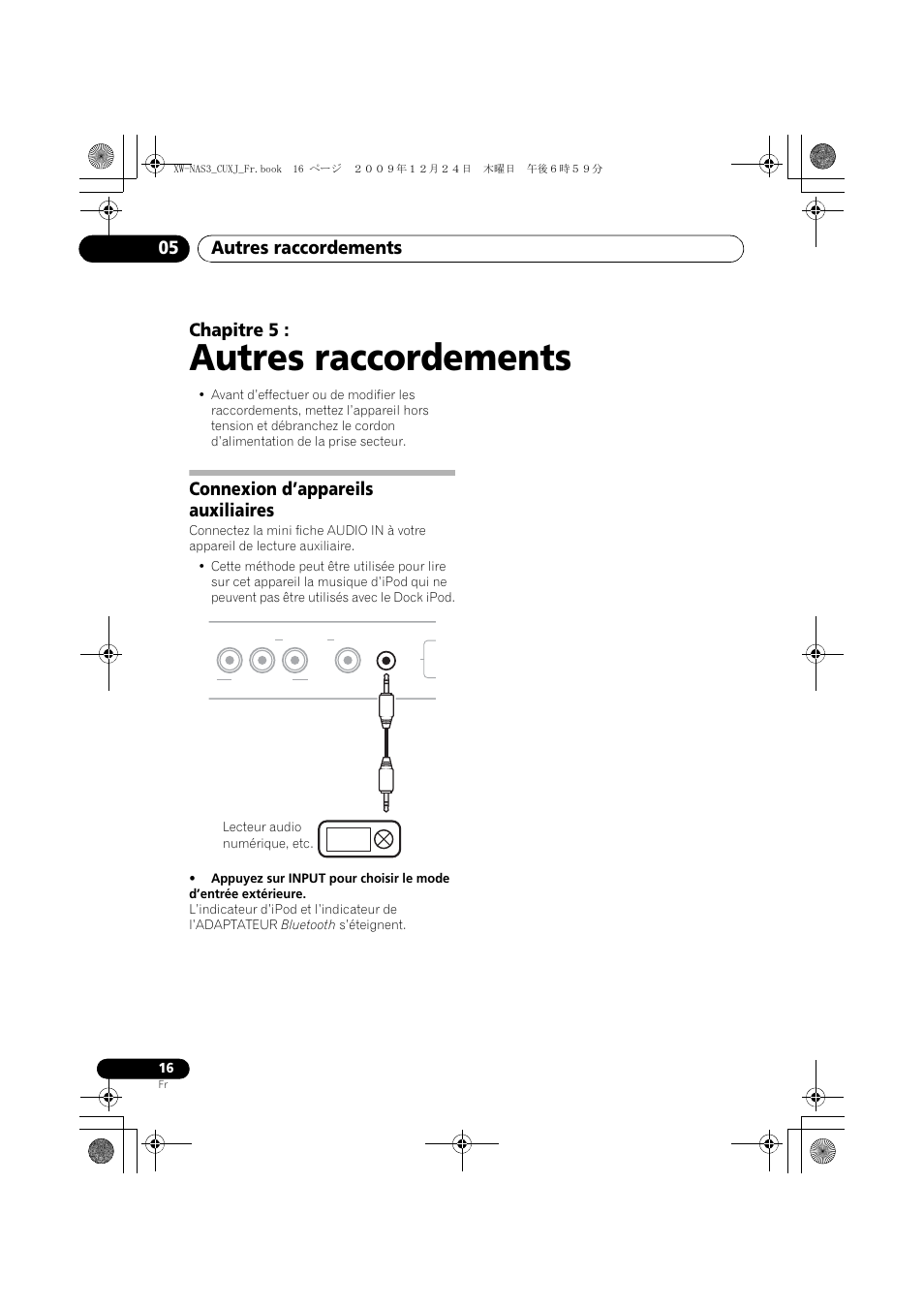 05 autres raccordements, Connexion d’appareils auxiliaires, Autres raccordements | Autres raccordements 05, Chapitre 5 | Pioneer Digital Speaker System For iPod XW-NAS3 User Manual | Page 34 / 60