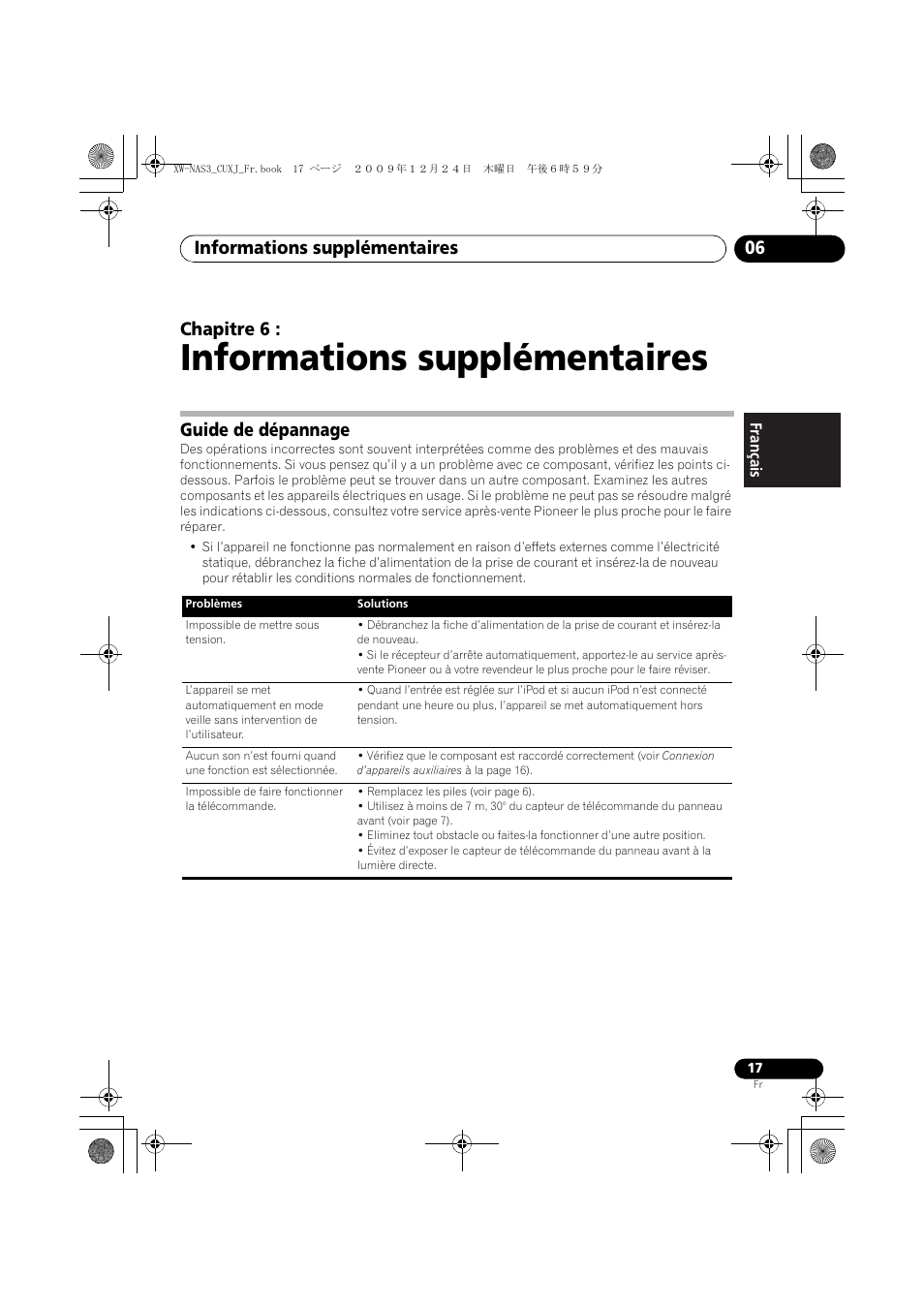 06 informations supplémentaires, Guide de dépannage, Informations supplémentaires | Informations supplémentaires 06, Chapitre 6 | Pioneer Digital Speaker System For iPod XW-NAS3 User Manual | Page 35 / 60