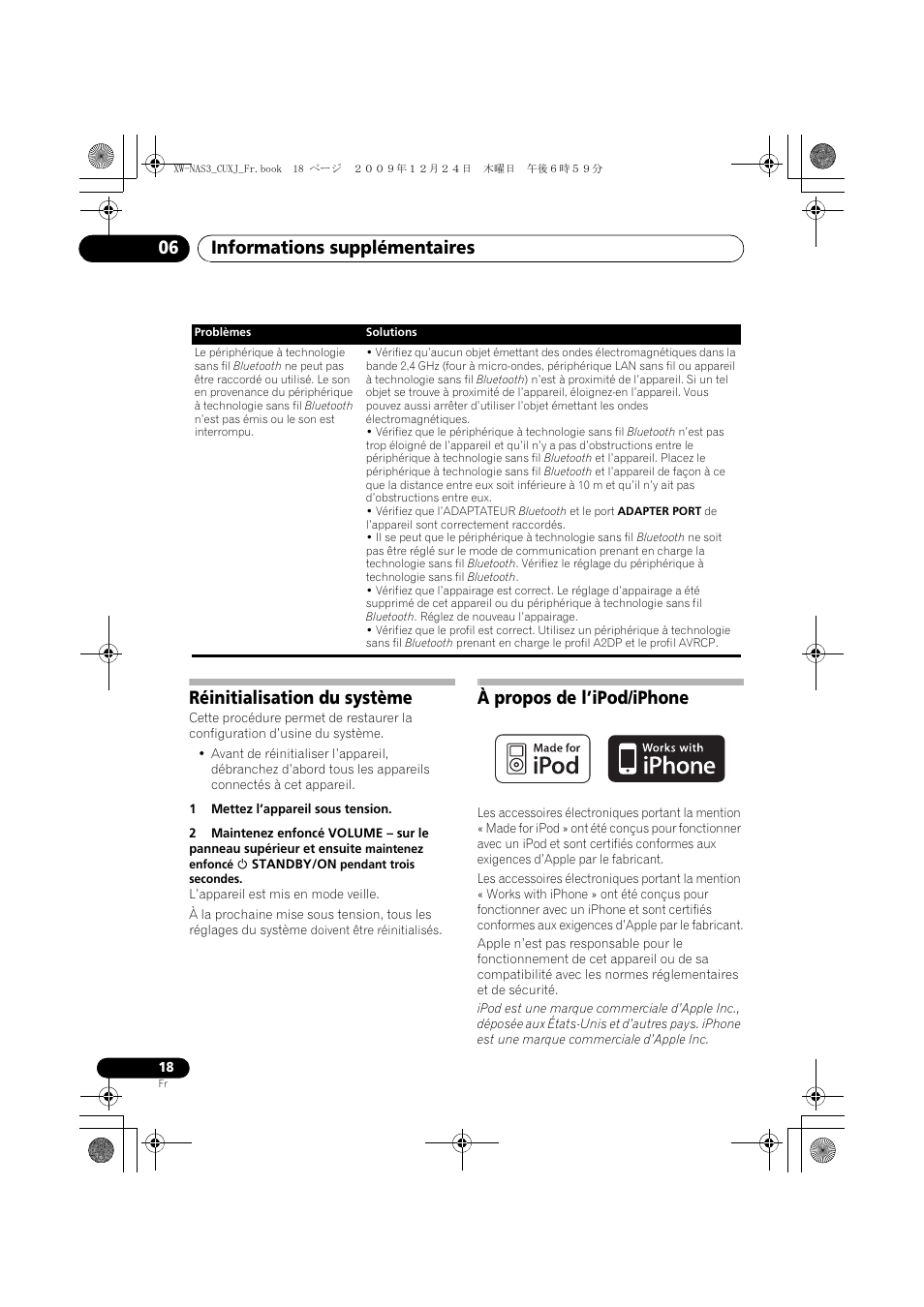 Réinitialisation du système, À propos de l’ipod/iphone, Informations supplémentaires 06 | Pioneer Digital Speaker System For iPod XW-NAS3 User Manual | Page 36 / 60