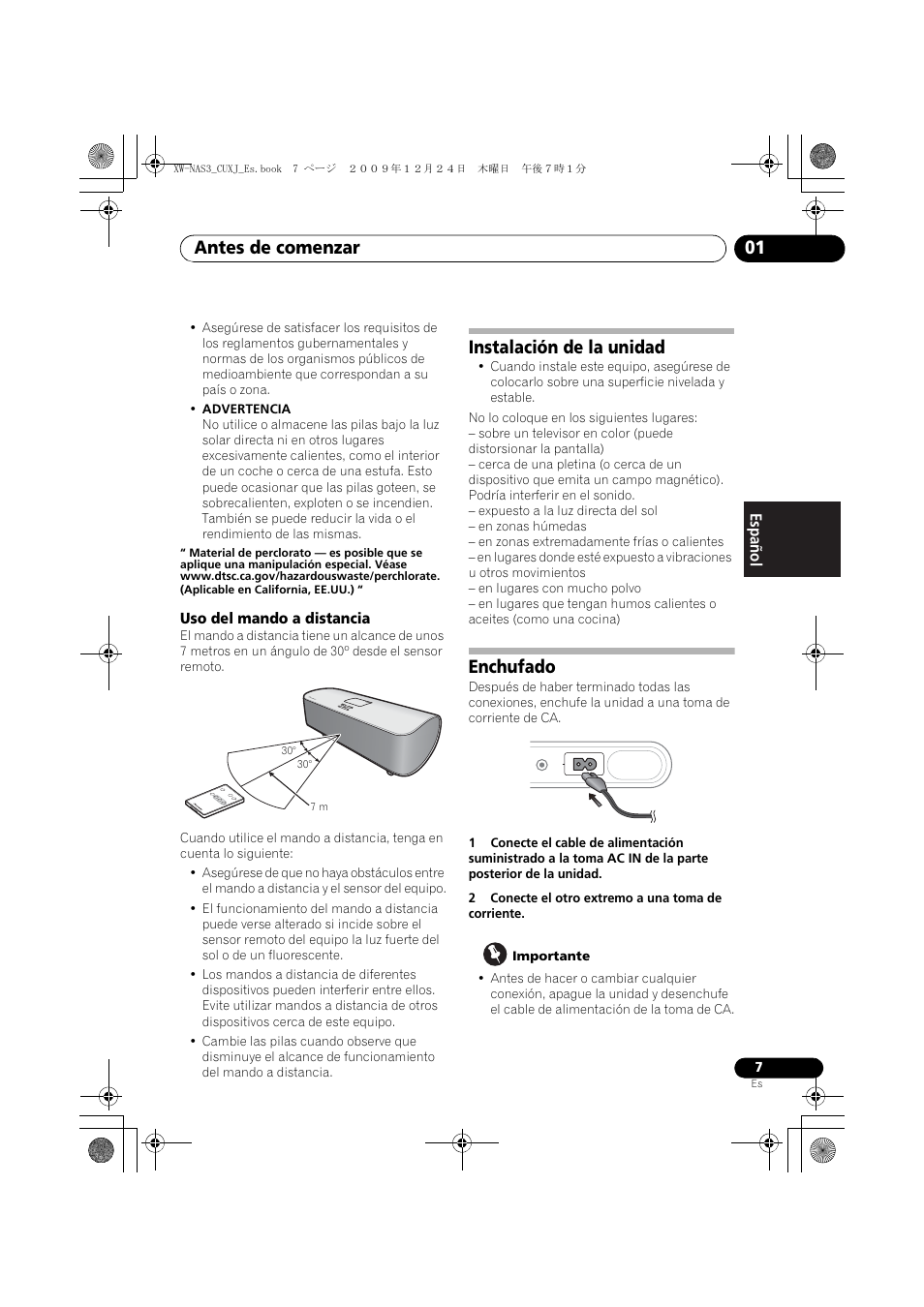 Uso del mando a distancia, Instalación de la unidad, Enchufado | Antes de comenzar 01 | Pioneer Digital Speaker System For iPod XW-NAS3 User Manual | Page 43 / 60