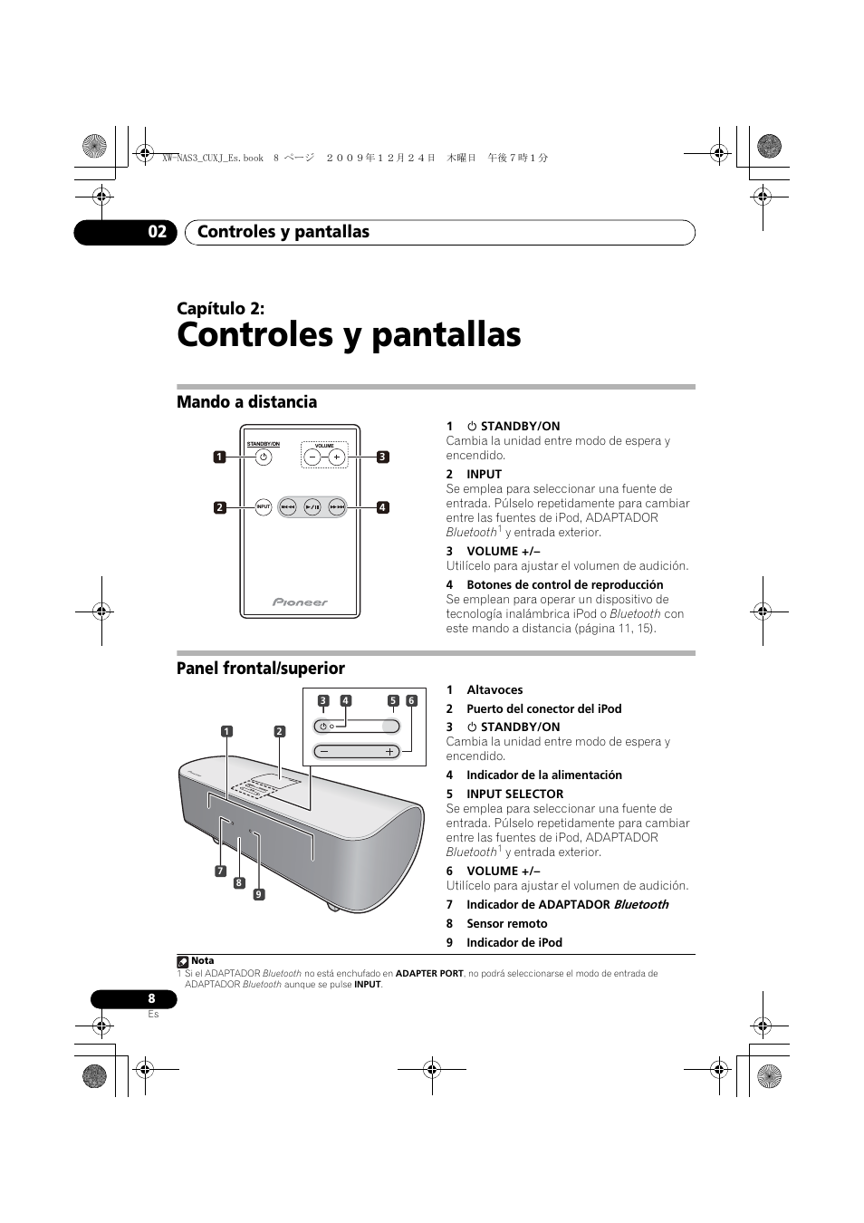 02 controles y pantallas, Mando a distancia, Panel frontal/superior | Controles y pantallas, Controles y pantallas 02, Capítulo 2 | Pioneer Digital Speaker System For iPod XW-NAS3 User Manual | Page 44 / 60