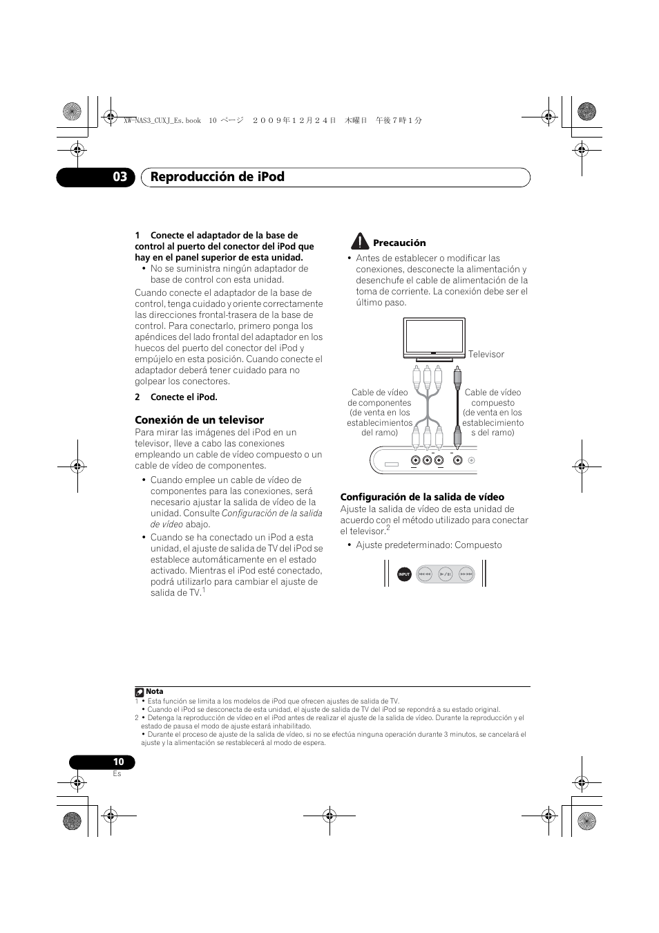 Conexión de un televisor, Reproducción de ipod 03, Configuración de la salida de vídeo | Pioneer Digital Speaker System For iPod XW-NAS3 User Manual | Page 46 / 60