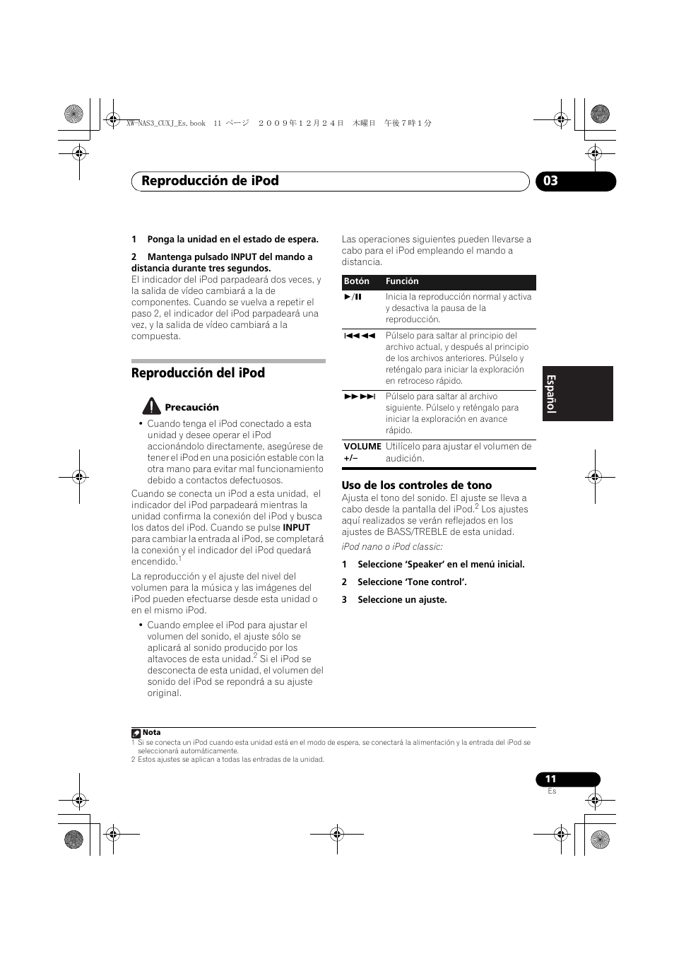 Reproducción del ipod, Uso de los controles de tono, Reproducción de ipod 03 | Pioneer Digital Speaker System For iPod XW-NAS3 User Manual | Page 47 / 60