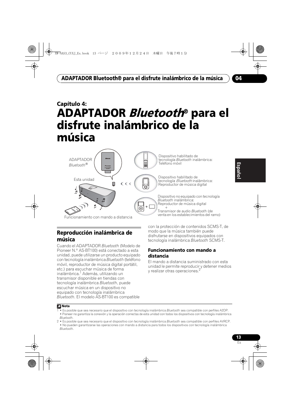 04 adaptador, Bluetooth, Para el | Disfrute inalámbrico de la música, Reproducción inalámbrica de música, Funcionamiento con mando a distancia, Adaptador, Para el disfrute inalámbrico de la música | Pioneer Digital Speaker System For iPod XW-NAS3 User Manual | Page 49 / 60