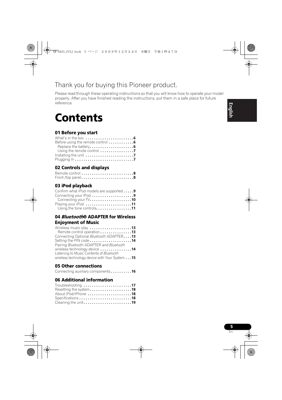 Pioneer Digital Speaker System For iPod XW-NAS3 User Manual | Page 5 / 60