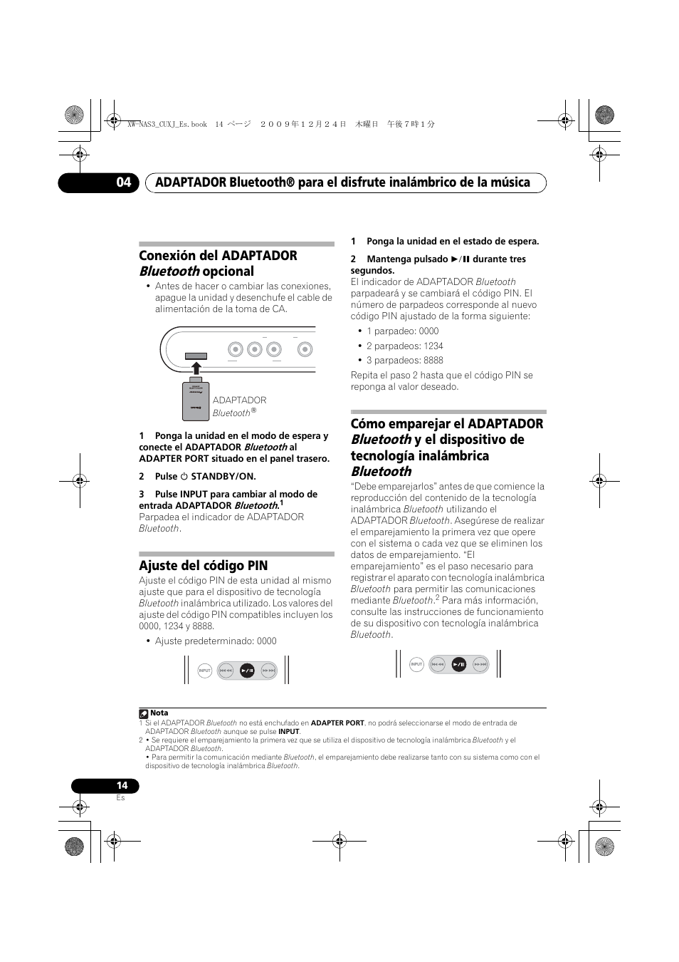 Conexión del adaptador bluetooth opcional, Ajuste del código pin, Bluetooth | Conexión del adaptador, Opcional, Cómo emparejar el adaptador, Y el dispositivo de tecnología inalámbrica | Pioneer Digital Speaker System For iPod XW-NAS3 User Manual | Page 50 / 60