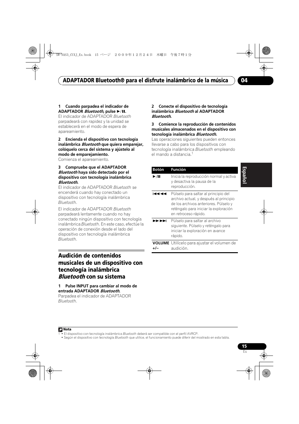 Bluetooth, Con su sistema | Pioneer Digital Speaker System For iPod XW-NAS3 User Manual | Page 51 / 60