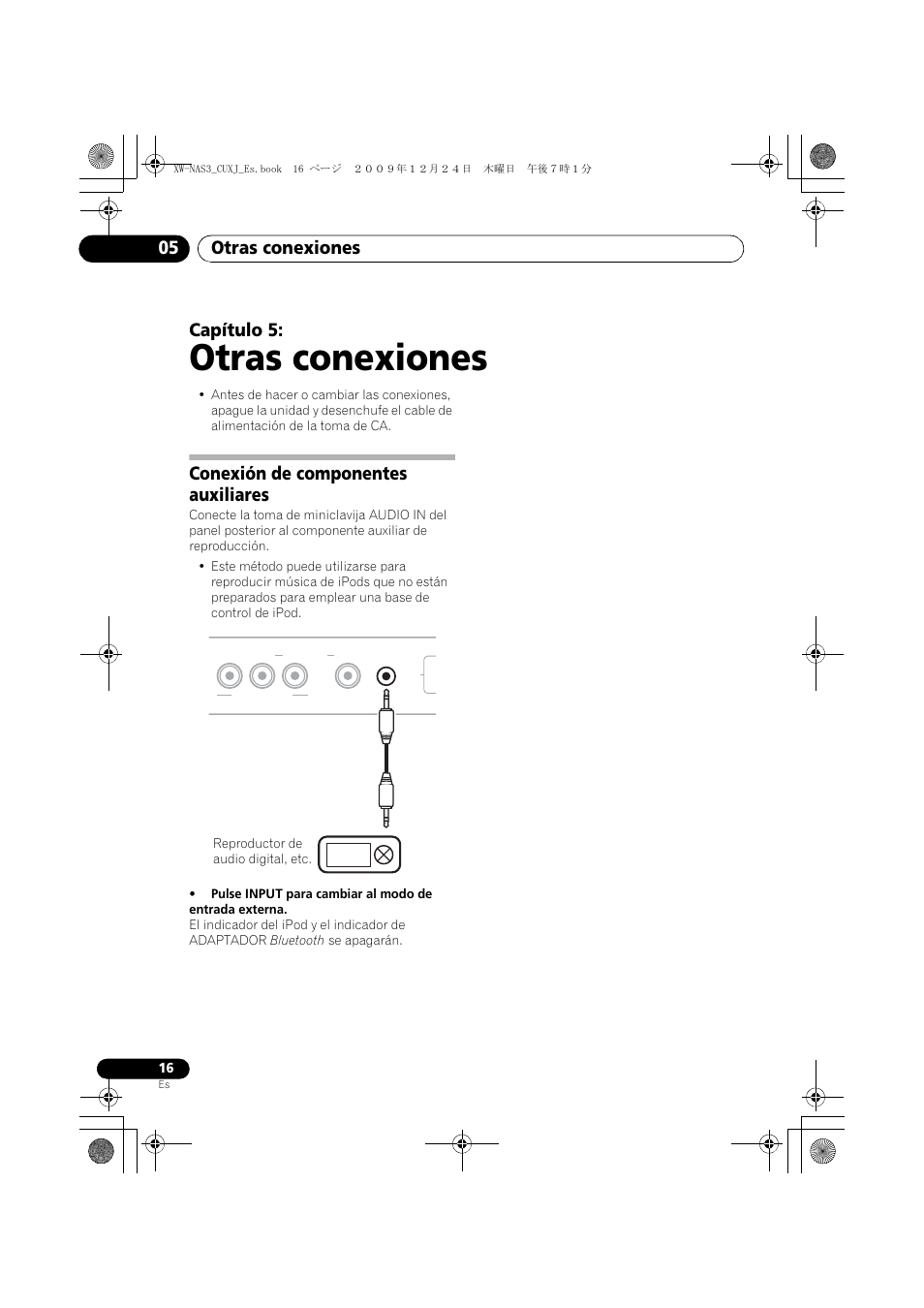 05 otras conexiones, Conexión de componentes auxiliares, Otras conexiones | Otras conexiones 05, Capítulo 5 | Pioneer Digital Speaker System For iPod XW-NAS3 User Manual | Page 52 / 60