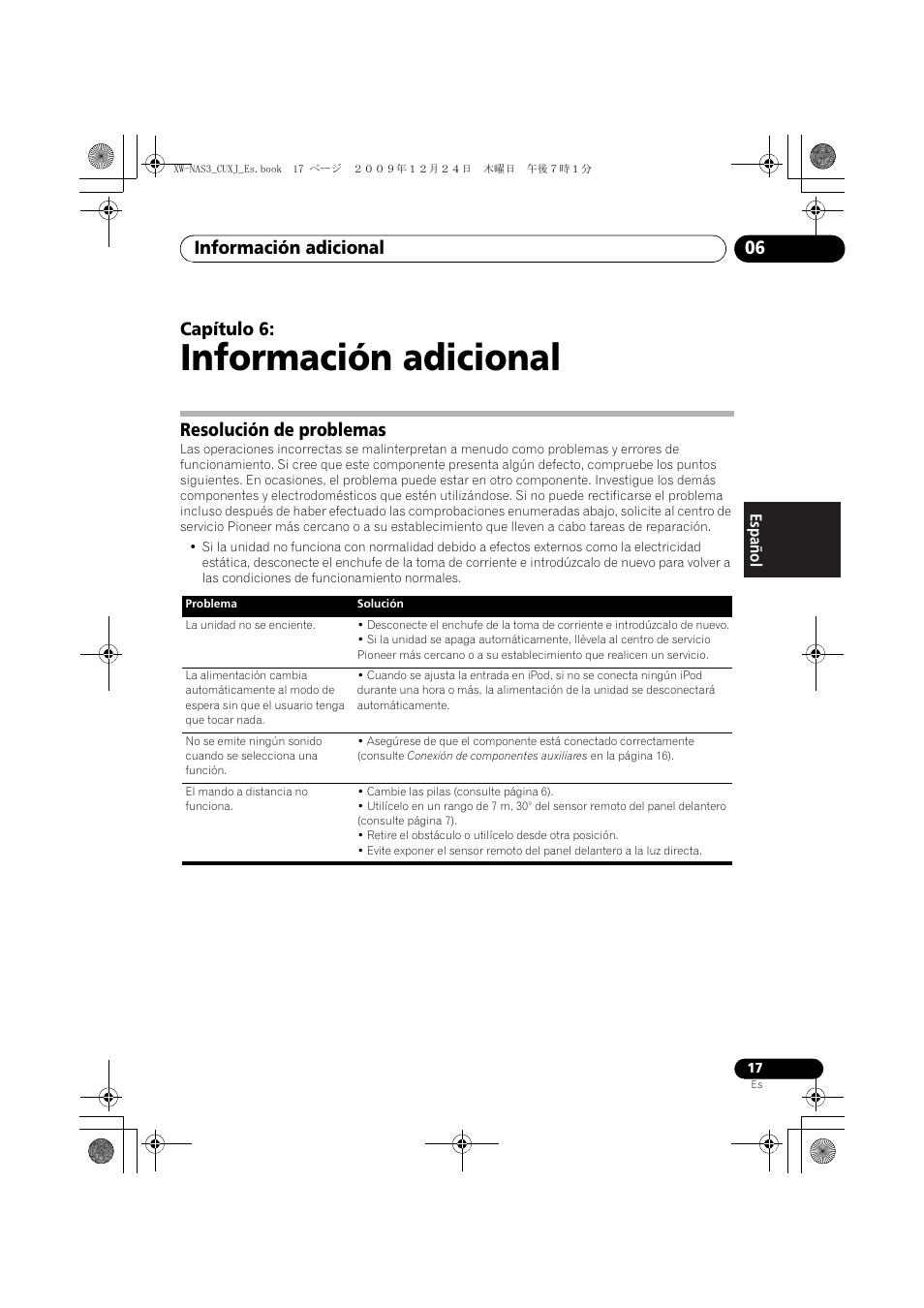 06 información adicional, Resolución de problemas, Información adicional | Información adicional 06, Capítulo 6 | Pioneer Digital Speaker System For iPod XW-NAS3 User Manual | Page 53 / 60