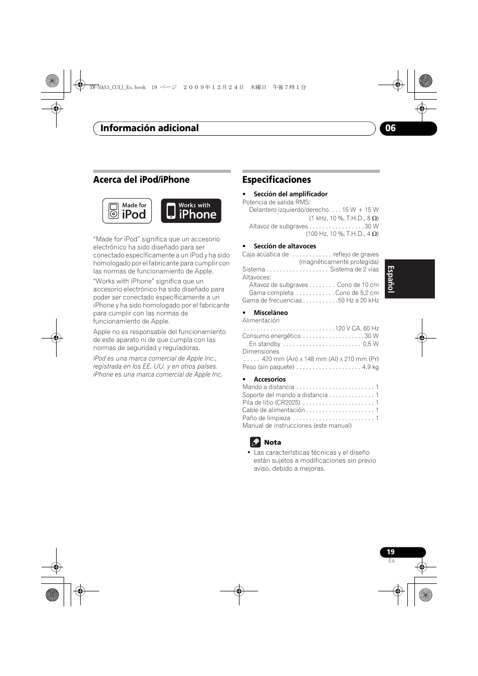 Acerca del ipod/iphone, Especificaciones, Información adicional 06 | Pioneer Digital Speaker System For iPod XW-NAS3 User Manual | Page 55 / 60