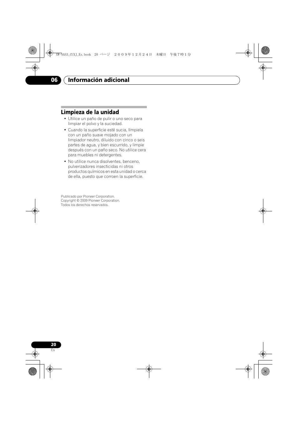 Limpieza de la unidad, Información adicional 06 | Pioneer Digital Speaker System For iPod XW-NAS3 User Manual | Page 56 / 60