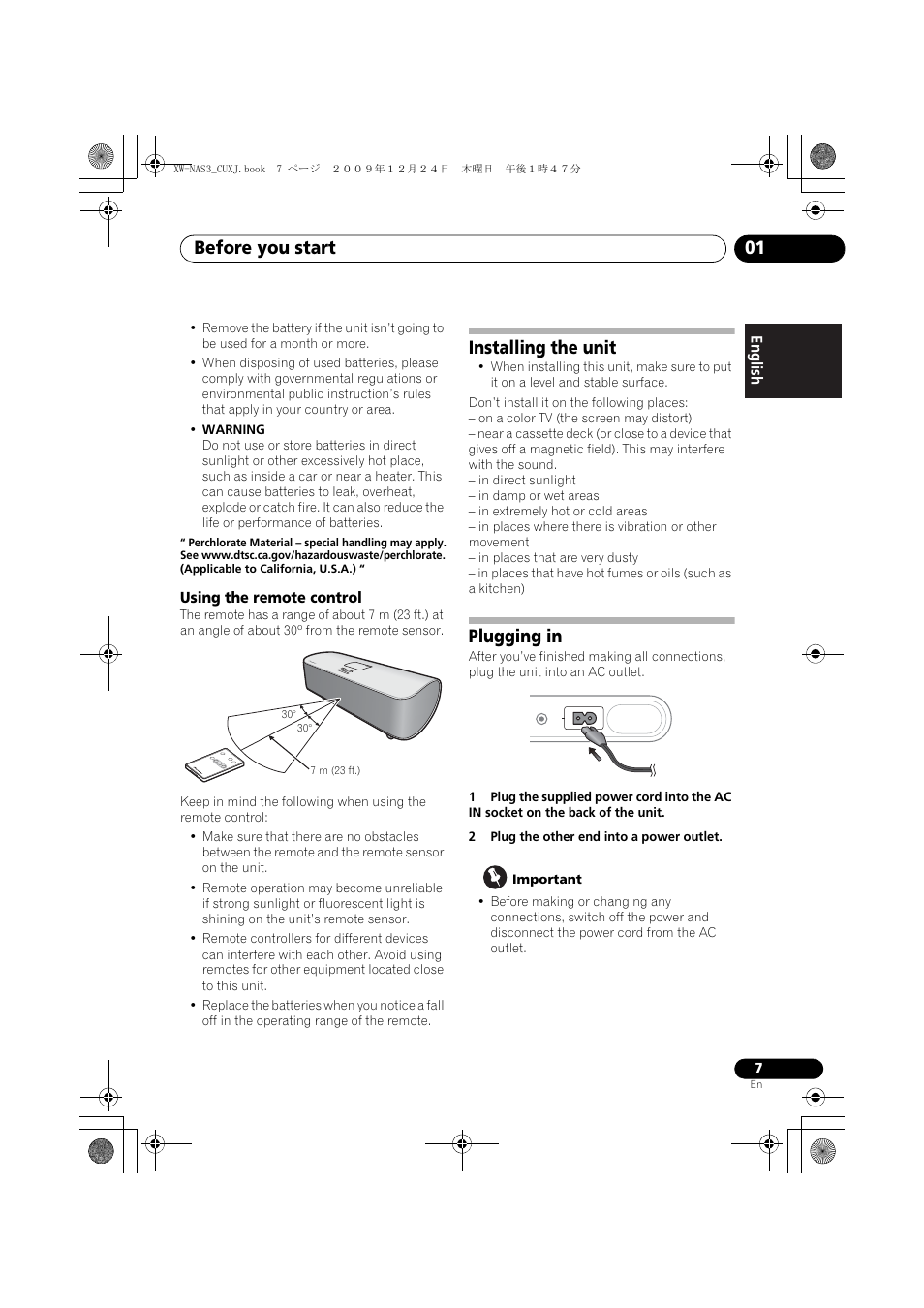 Using the remote control, Installing the unit, Plugging in | Before you start 01 | Pioneer Digital Speaker System For iPod XW-NAS3 User Manual | Page 7 / 60