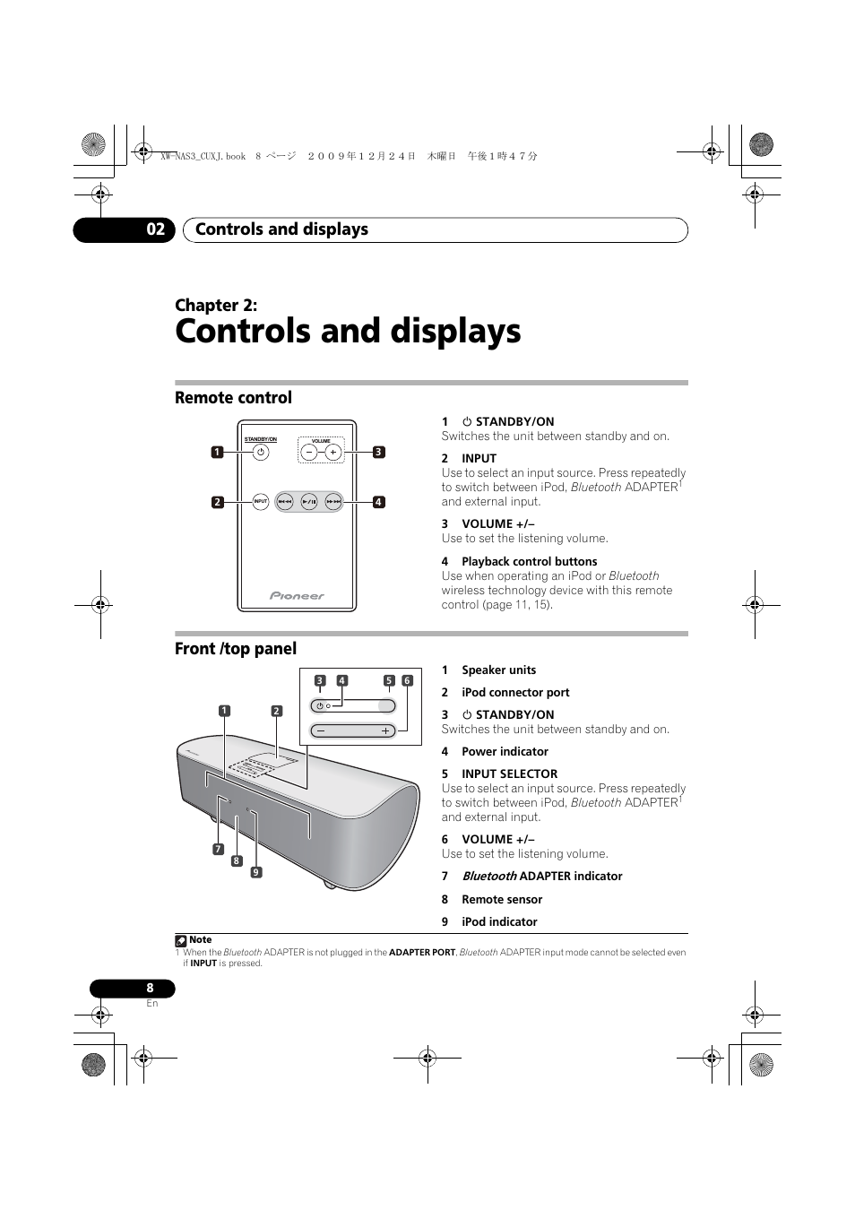 02 controls and displays, Remote control, Front /top panel | Controls and displays, Controls and displays 02, Chapter 2 | Pioneer Digital Speaker System For iPod XW-NAS3 User Manual | Page 8 / 60