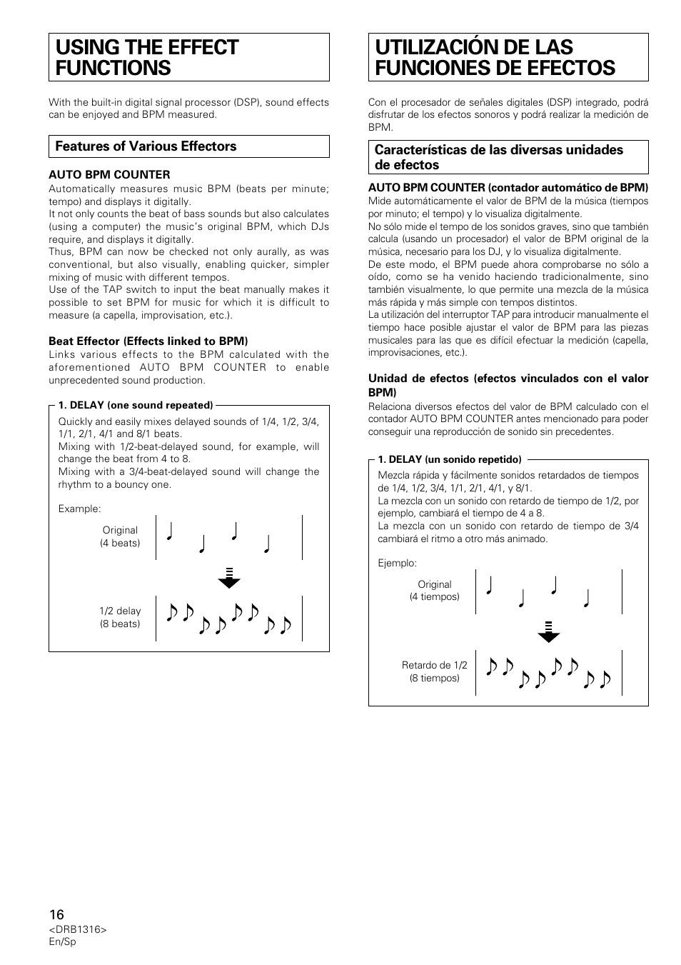 Using the effect functions, Features of various effectors, Utilización de las funciones de efectos | Pioneer DJM-300 User Manual | Page 16 / 64