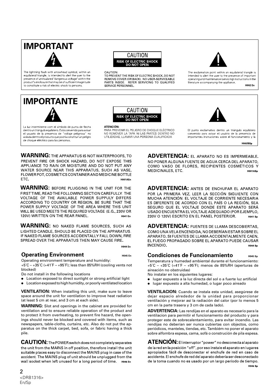 Operating environment, Condiciones de funcionamiento | Pioneer DJM-300 User Manual | Page 2 / 64