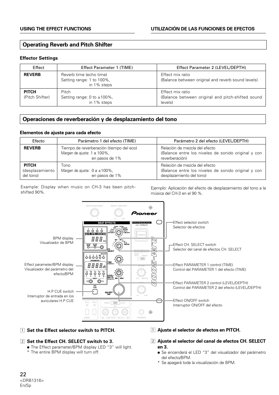 Operating reverb and pitch shifter, Operaciones de reverberación y de desplazamiento, Del tono | Pioneer DJM-300 User Manual | Page 22 / 64