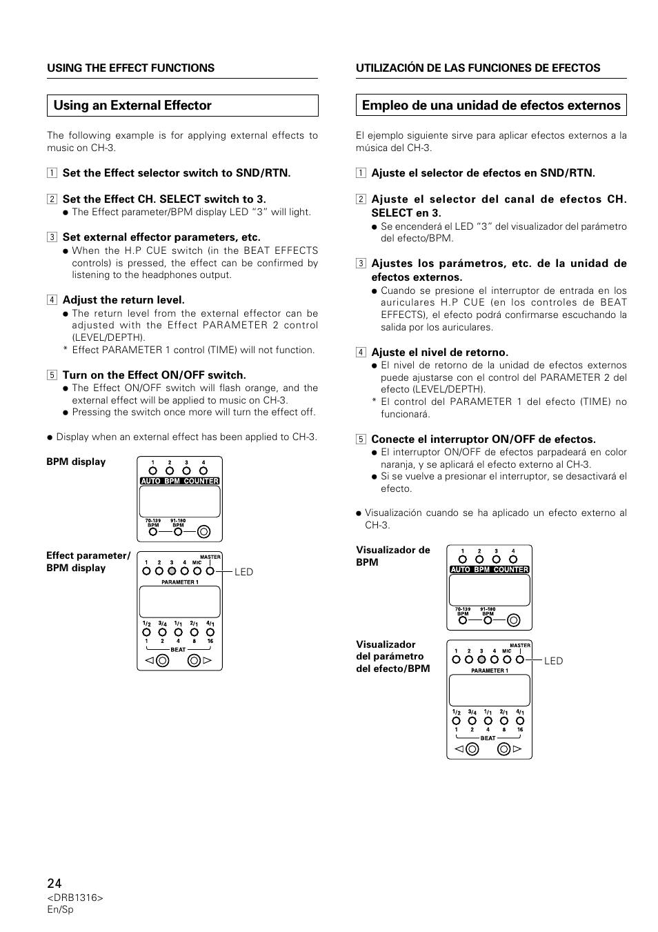 Using an external effector, Empleo de una unidad de efectos externos | Pioneer DJM-300 User Manual | Page 24 / 64