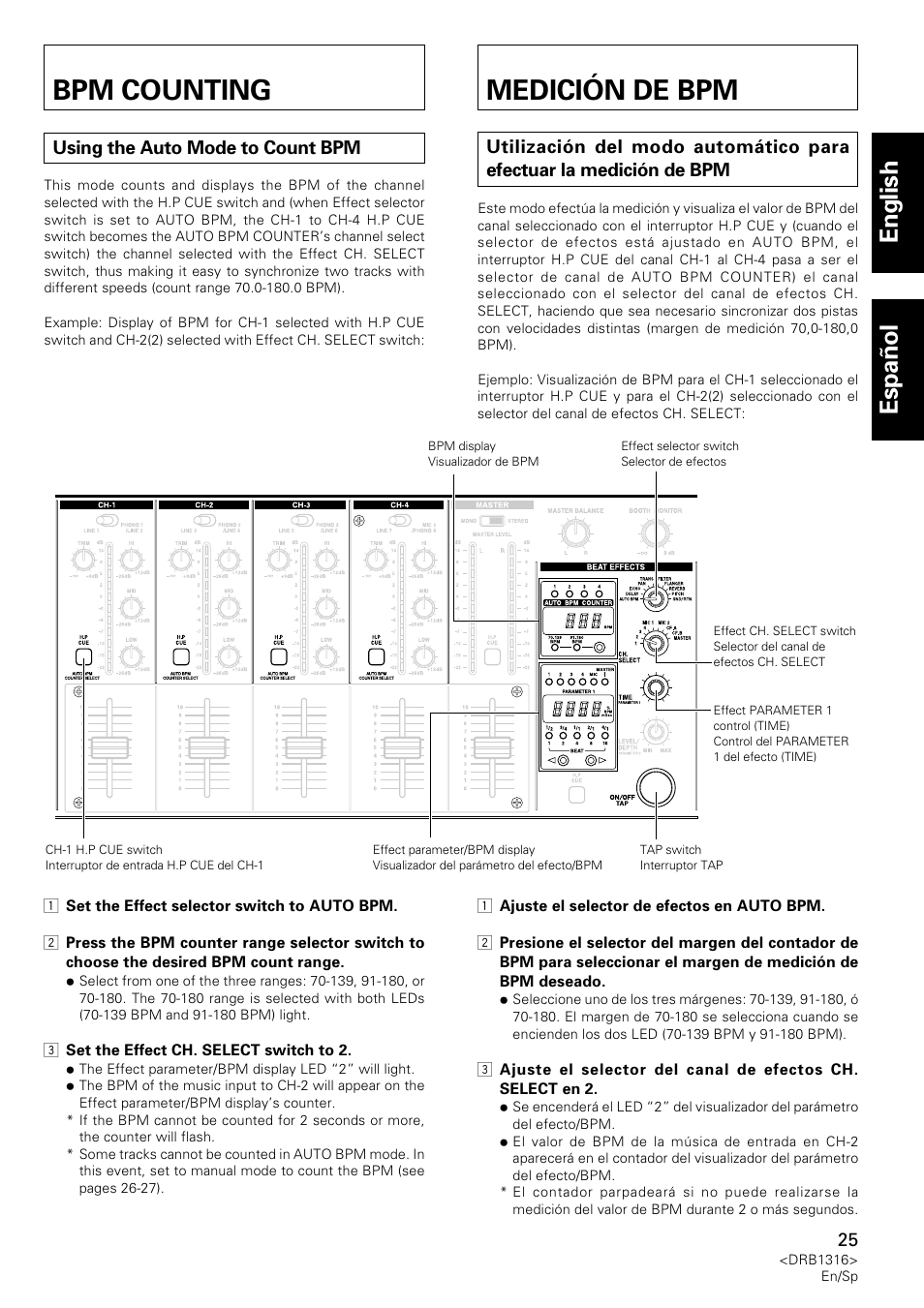 Bpm counting, Using the auto mode to count bpm, Medición de bpm | Utilización del modo automático para efectuar la, English espa ñ ol | Pioneer DJM-300 User Manual | Page 25 / 64