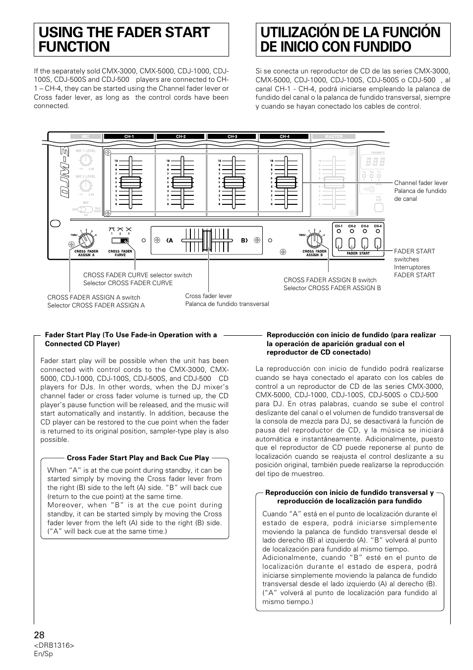 Using the fader start function, Utilización de la función de inicio con fundido | Pioneer DJM-300 User Manual | Page 28 / 64