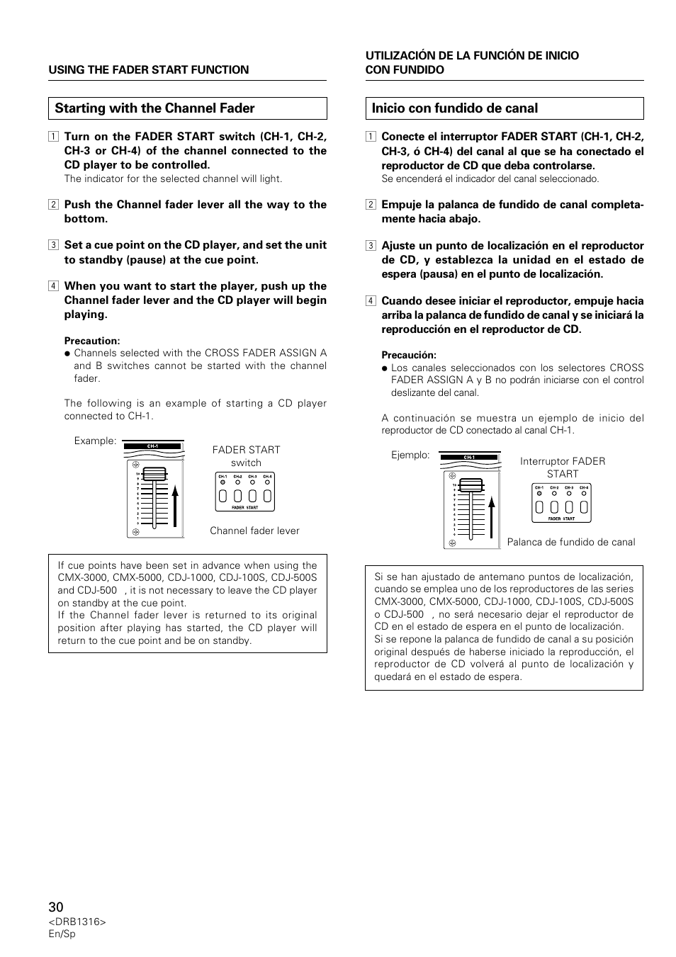 Starting with the channel fader, Inicio con fundido de canal | Pioneer DJM-300 User Manual | Page 30 / 64