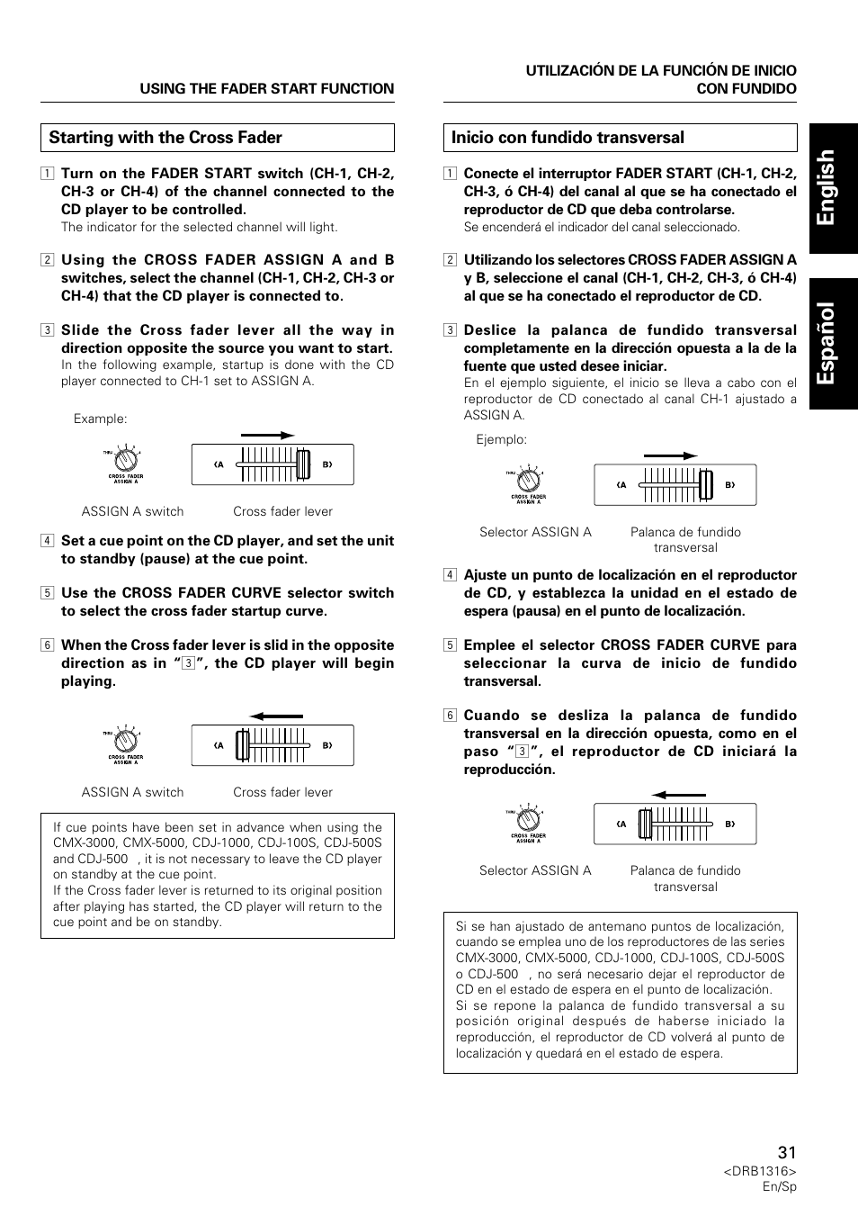 Starting with the cross fader, Inicio con fundido transversal, English espa ñ ol | Pioneer DJM-300 User Manual | Page 31 / 64