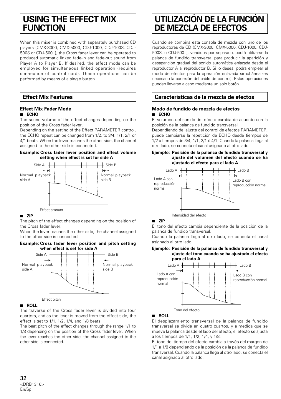 Using the effect mix function, Effect mix features, Utilización de la función de mezcla de efectos | Características de la mezcla de efectos | Pioneer DJM-300 User Manual | Page 32 / 64