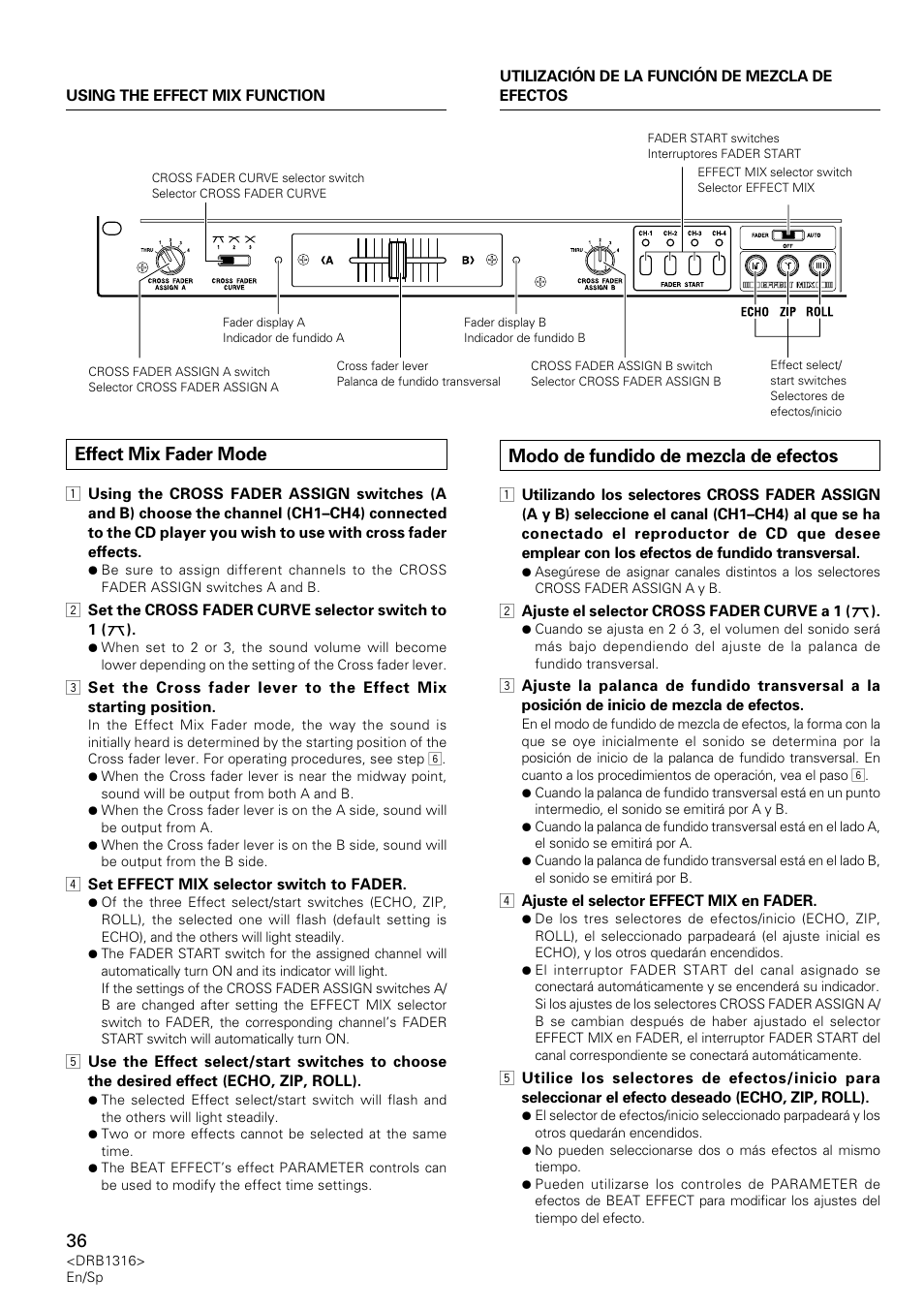 Effect mix fader mode, Modo de fundido de mezcla de efectos | Pioneer DJM-300 User Manual | Page 36 / 64