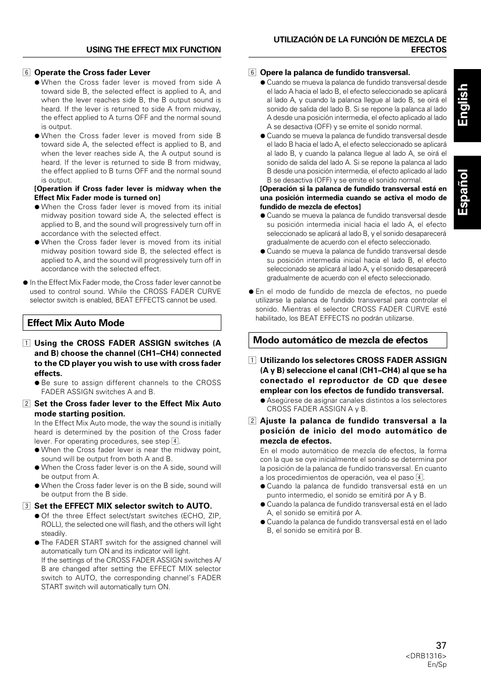 Effect mix auto mode, Modo automático de mezcla de efectos, English espa ñ ol | Pioneer DJM-300 User Manual | Page 37 / 64