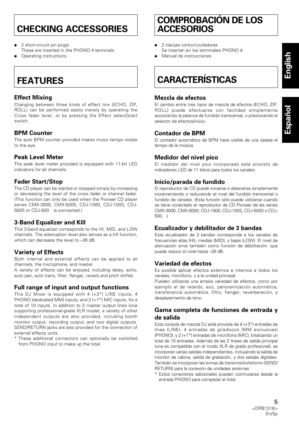 Checking accessories features, Comprobación de los accesorios características, Checking accessories | Features, English español | Pioneer DJM-300 User Manual | Page 5 / 64
