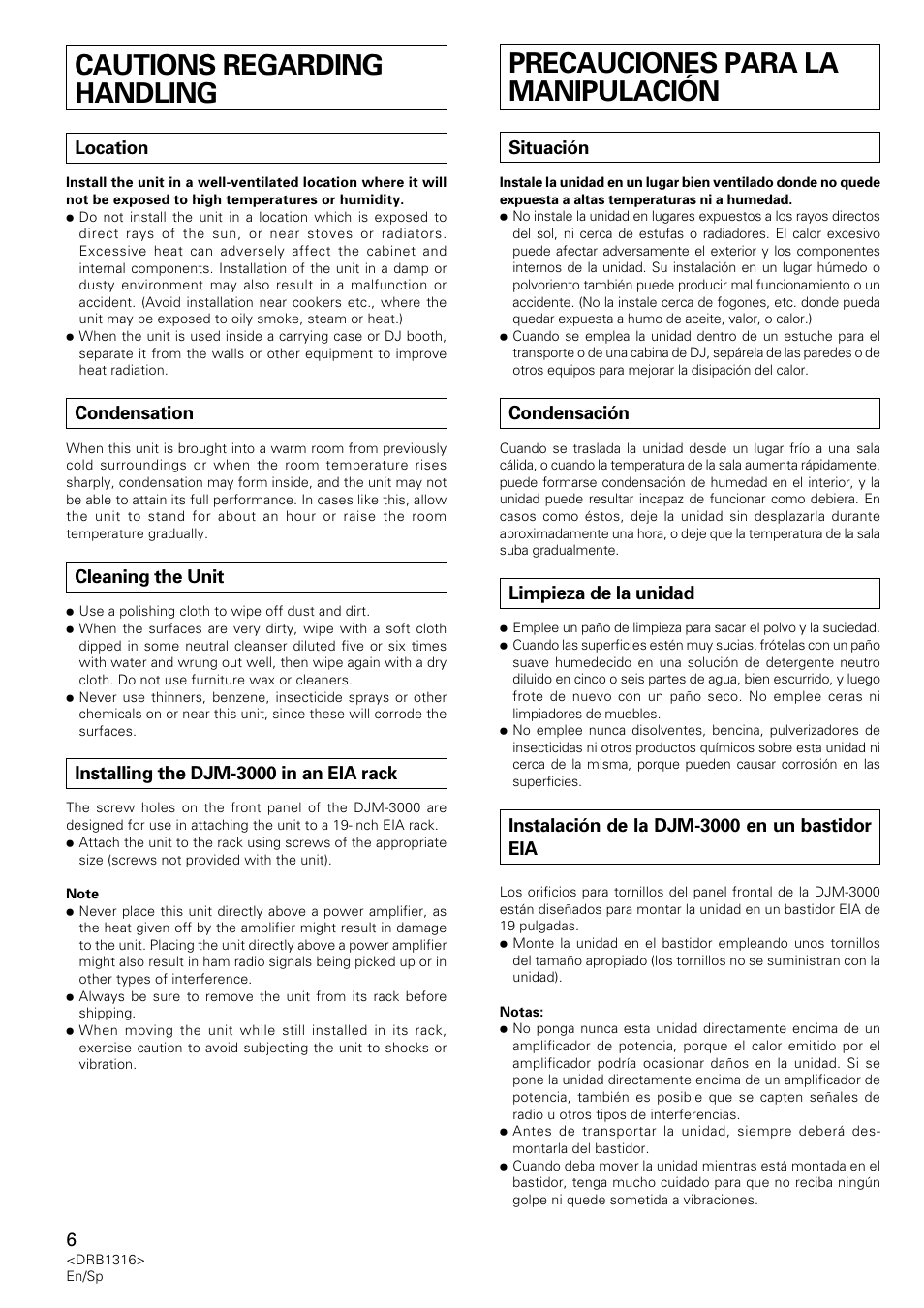 Cautions regarding handling, Location, Condensation | Cleaning the unit, Installing the djm-3000 in an eia rack, Precauciones para la manipulación, Situación, Condensación, Limpieza de la unidad, Instalación de la djm-3000 en un bastidor eia | Pioneer DJM-300 User Manual | Page 6 / 64