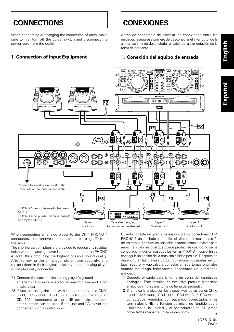 Connections, Conexiones, English español | Connection of input equipment, Conexión del equipo de entrada, Djm-3000, Drb1316> en/sp, Cassette deck, etc. grabadora de casetes, etc | Pioneer DJM-300 User Manual | Page 7 / 64