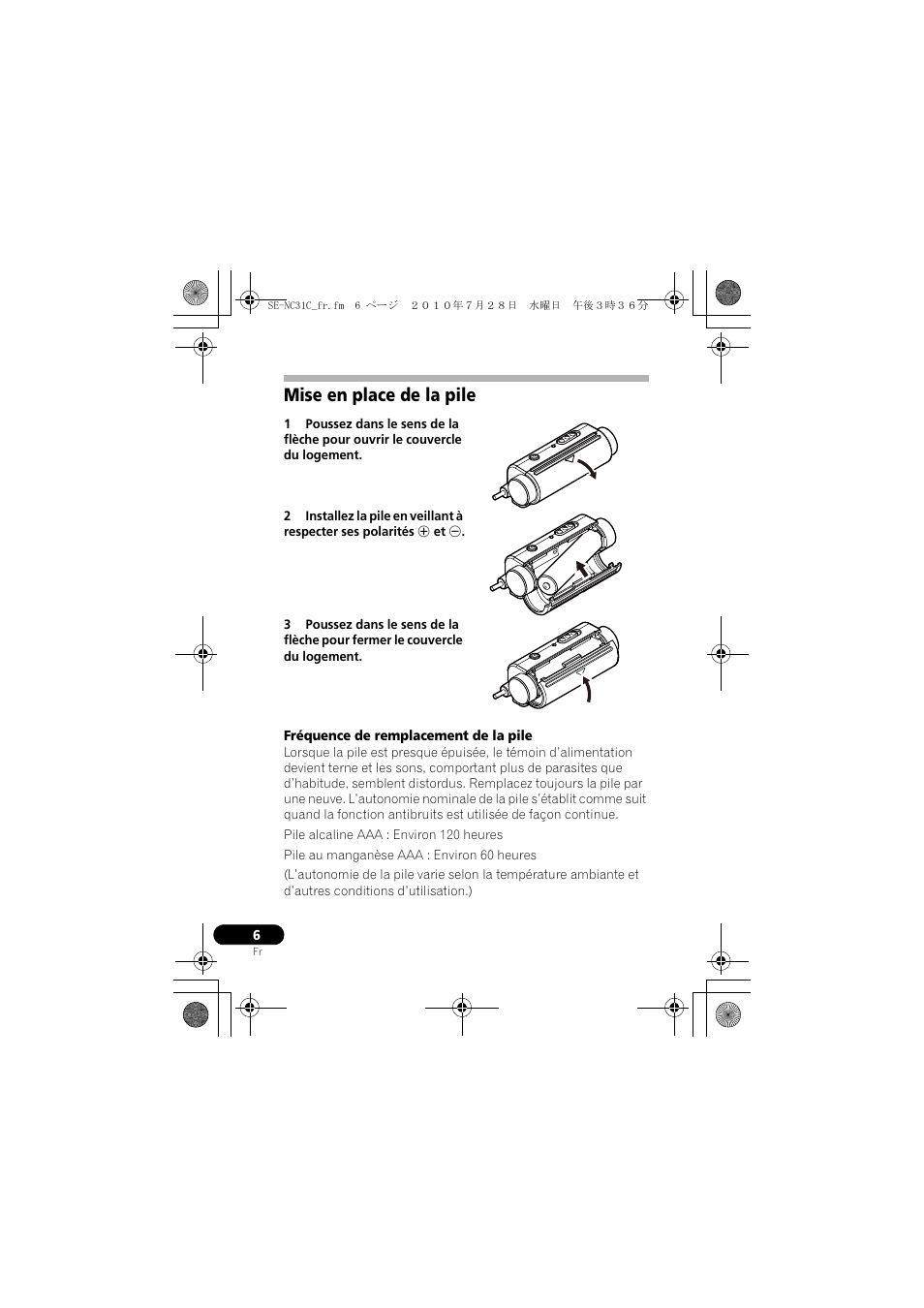 Mise en place de la pile | Pioneer SE-NC31C-K User Manual | Page 18 / 40