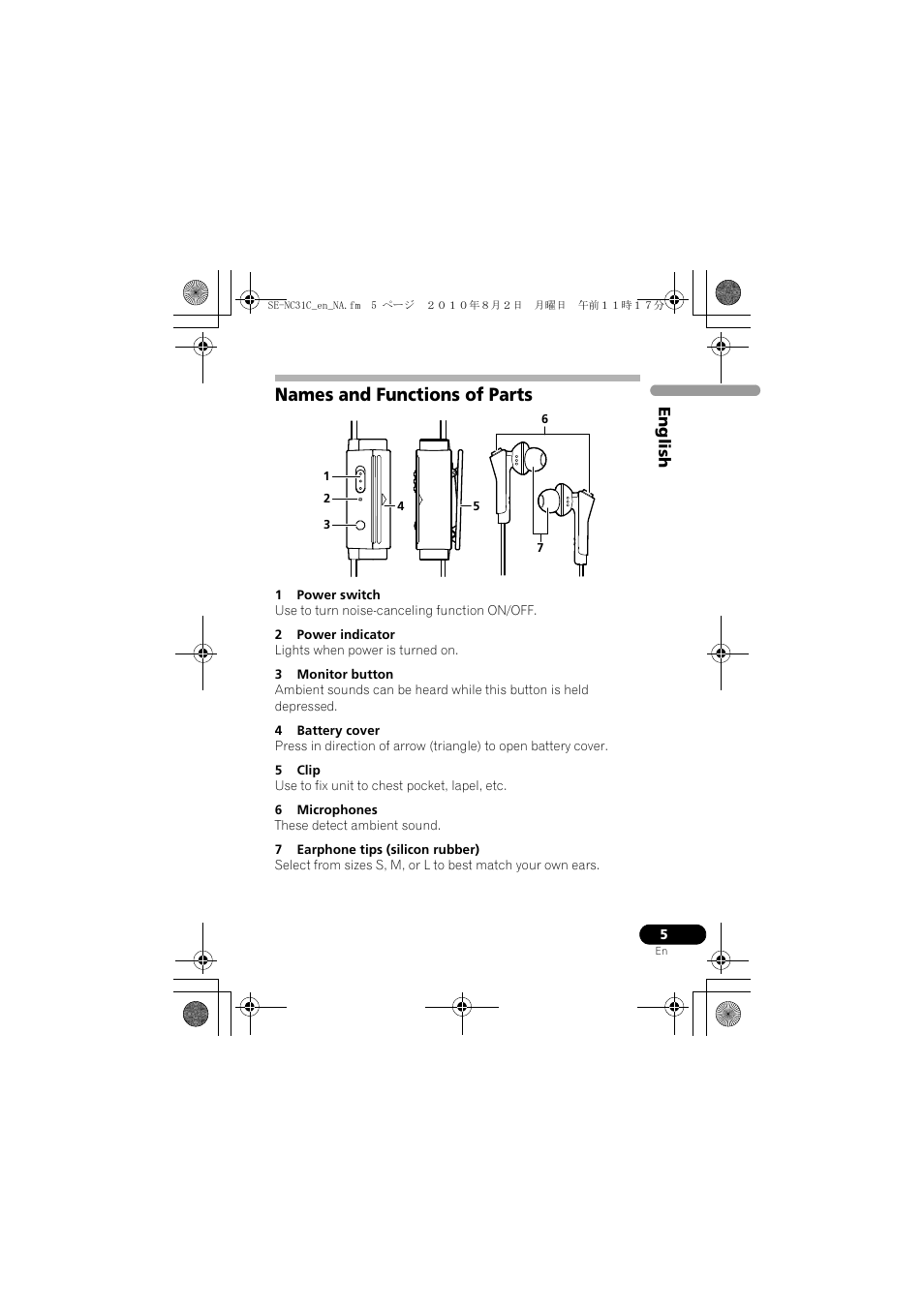 Names and functions of parts | Pioneer SE-NC31C-K User Manual | Page 5 / 40