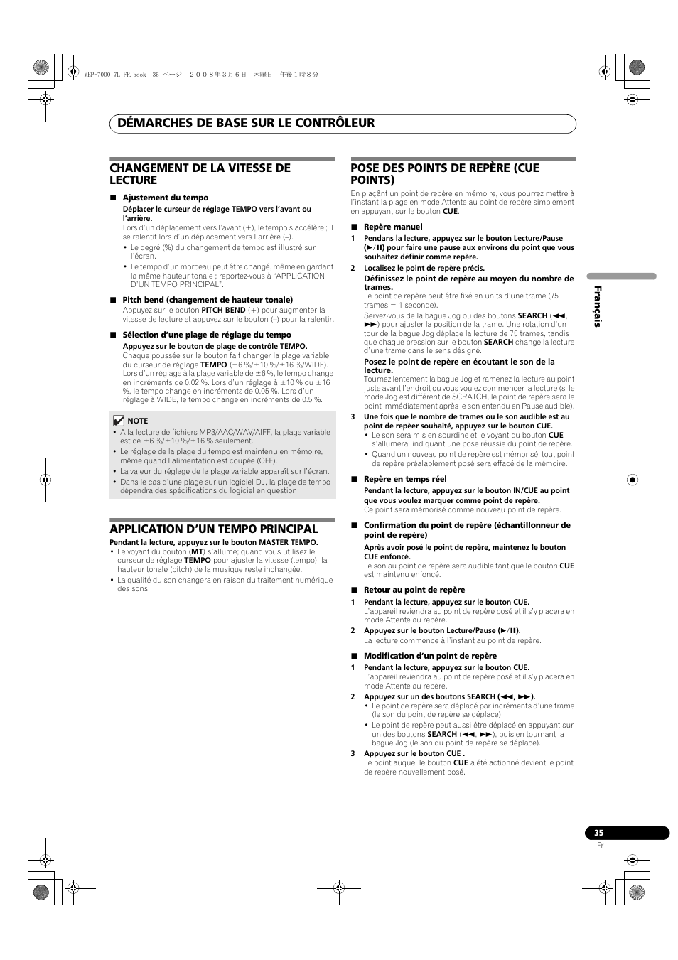 Démarches de base sur le contrôleur, Changement de la vitesse de lecture, Application d’un tempo principal | Pose des points de repère (cue points) | Pioneer MEP-7000 User Manual | Page 103 / 206