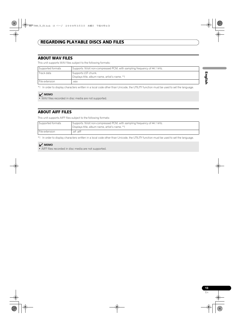 About wav files about aiff files, Regarding playable discs and files, About wav files | About aiff files | Pioneer MEP-7000 User Manual | Page 13 / 206