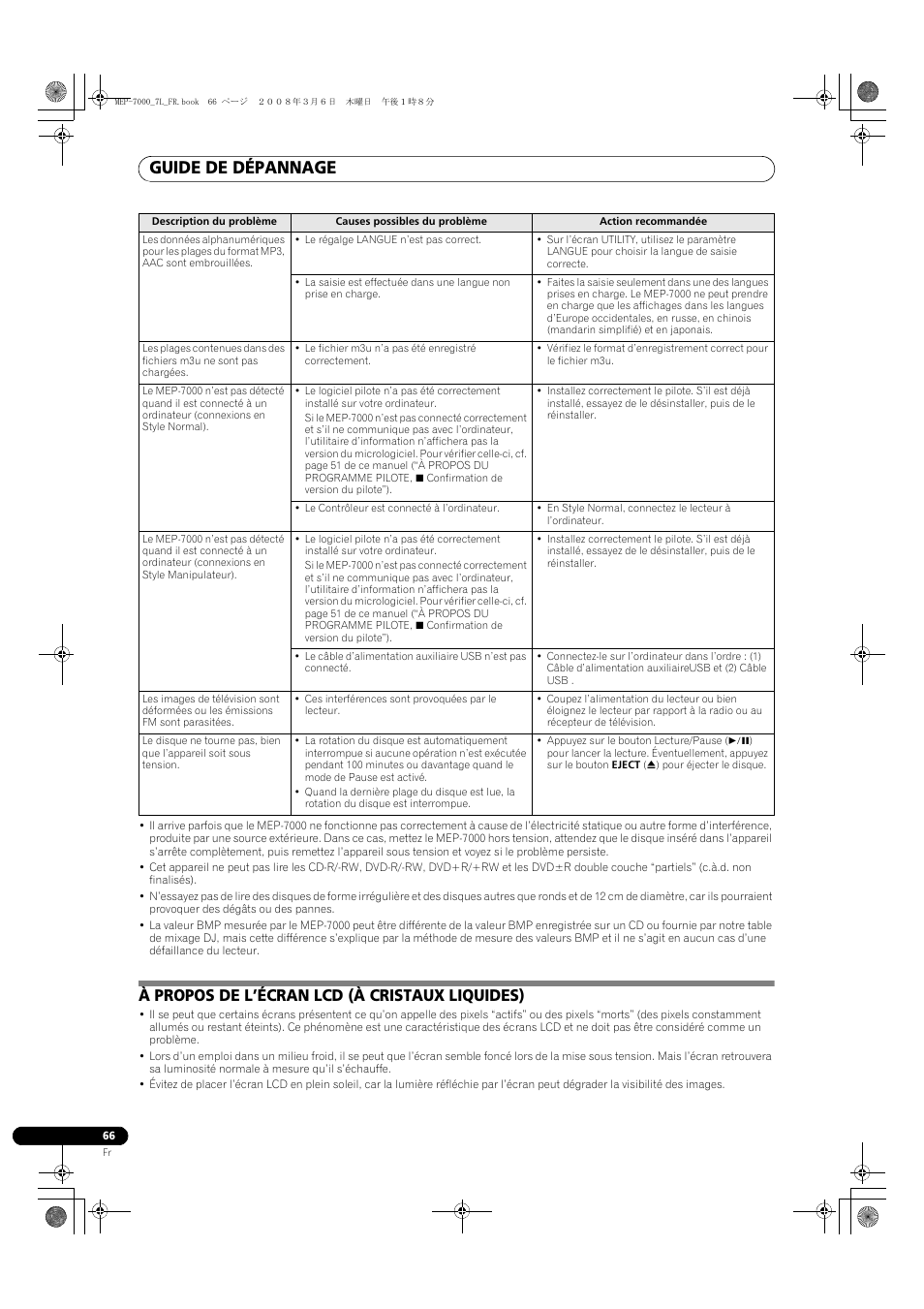 À propos de l’écran lcd (à cristaux liquides), Guide de dépannage | Pioneer MEP-7000 User Manual | Page 134 / 206