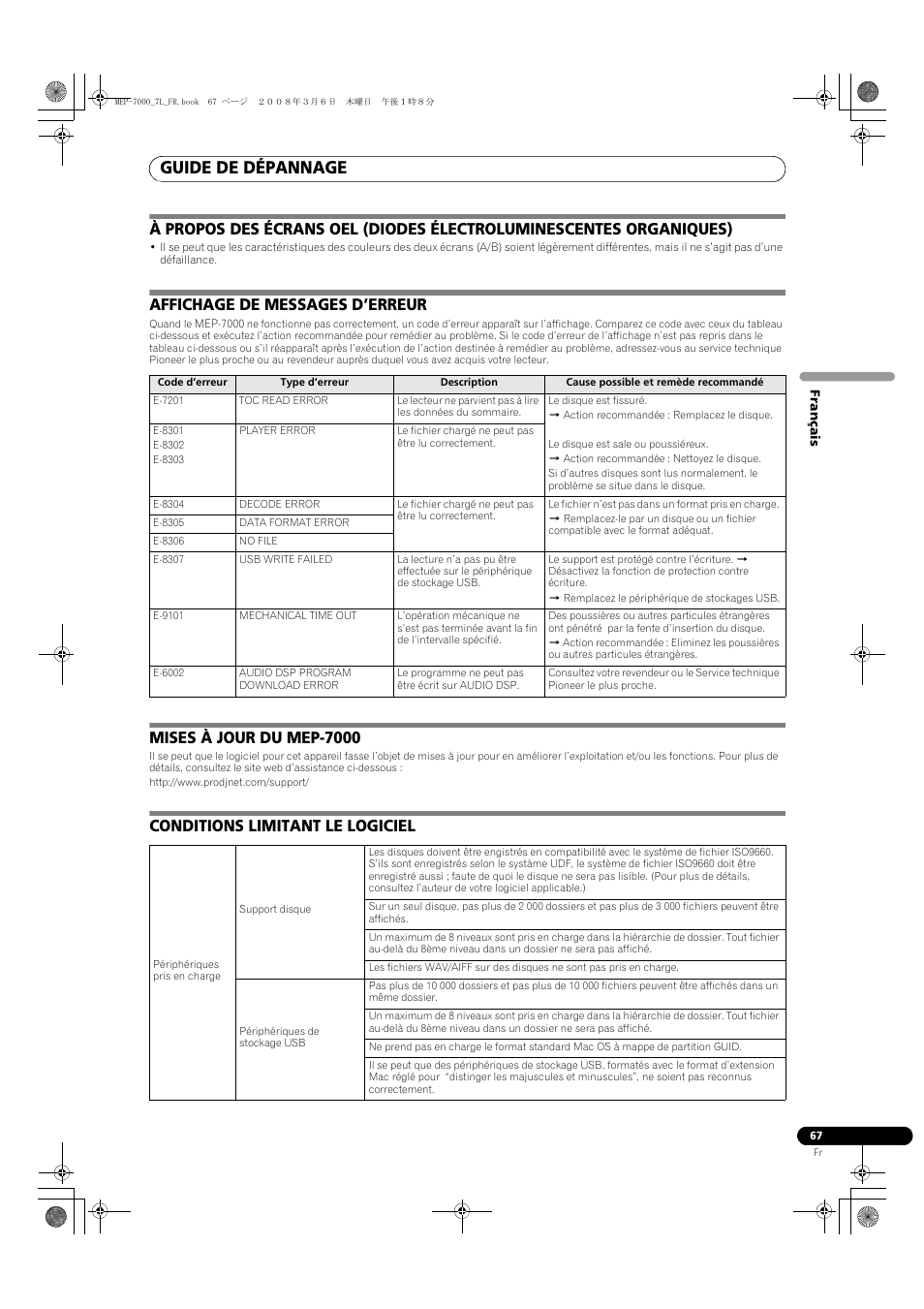 Guide de dépannage, Affichage de messages d’erreur, Mises à jour du mep-7000 | Conditions limitant le logiciel | Pioneer MEP-7000 User Manual | Page 135 / 206