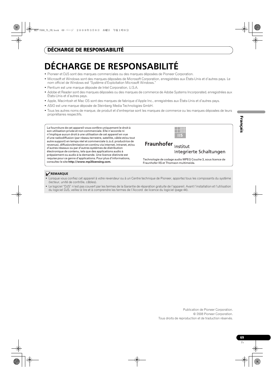 Décharge de responsabilité | Pioneer MEP-7000 User Manual | Page 137 / 206