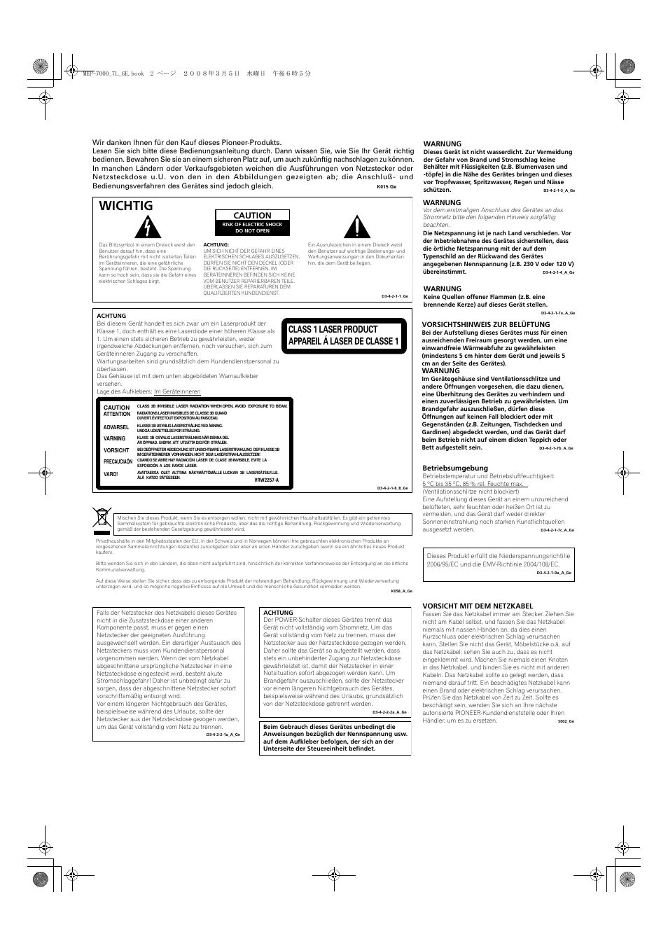Wichtig, Class 1 laser product appareil á laser de classe 1, Caution | Pioneer MEP-7000 User Manual | Page 138 / 206