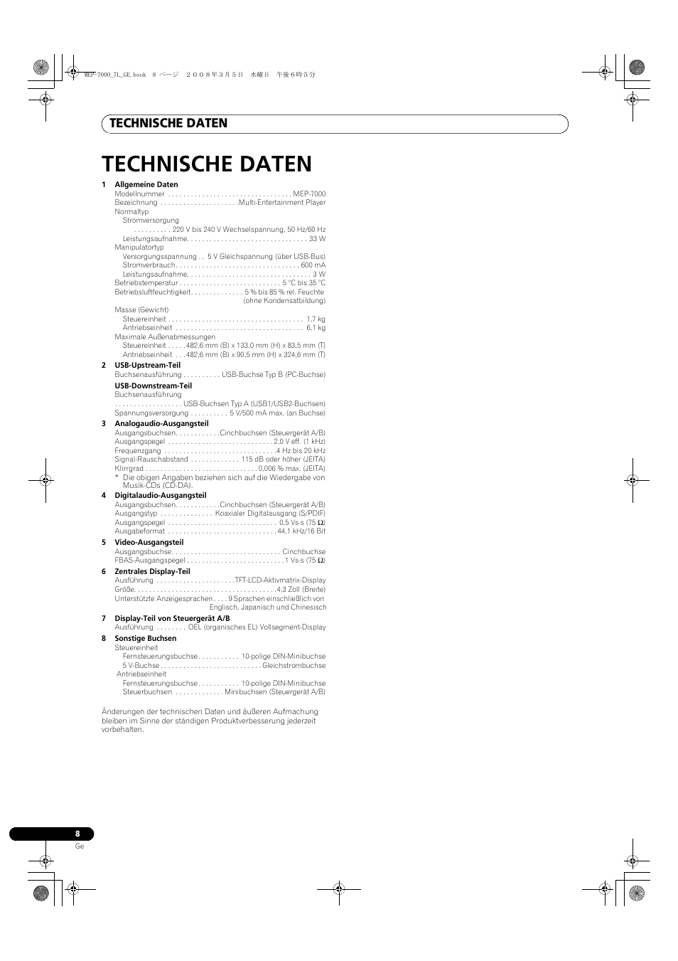 Technische daten | Pioneer MEP-7000 User Manual | Page 144 / 206