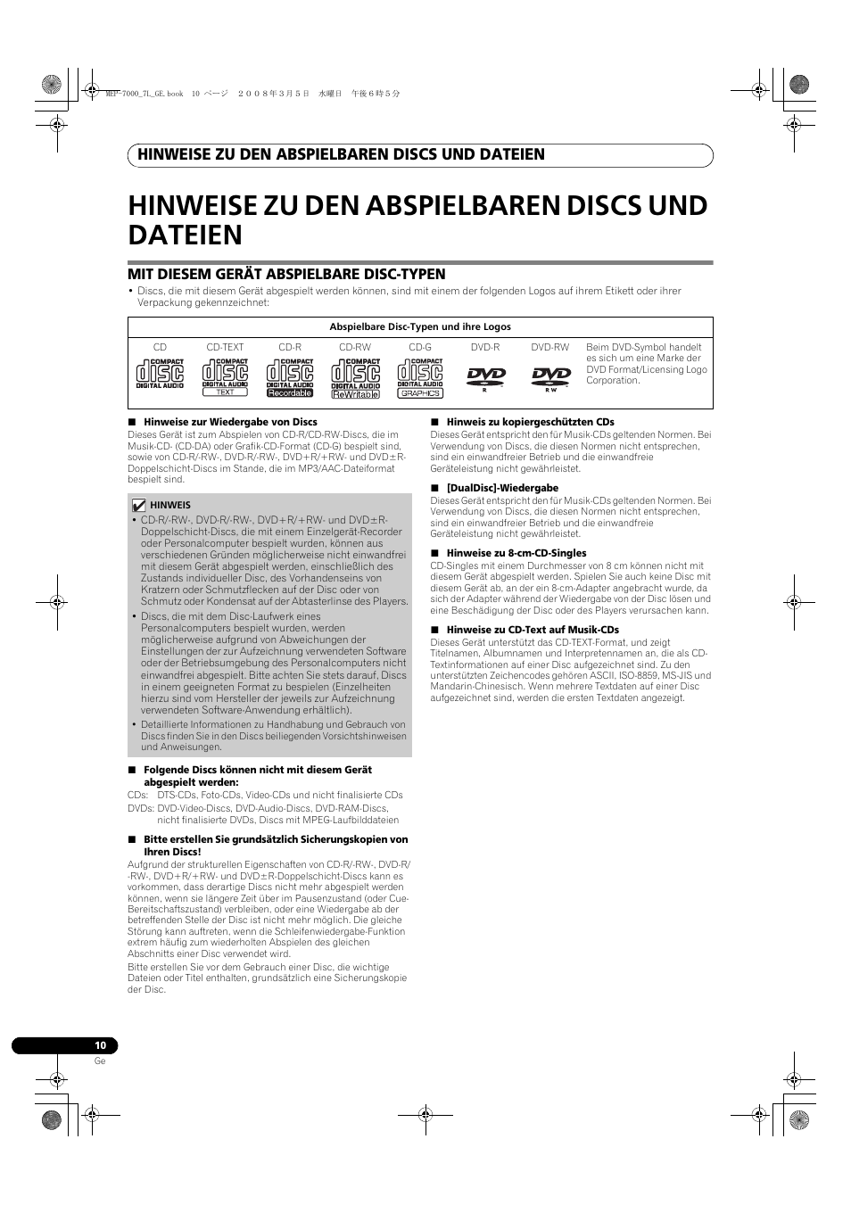 Dateien, Mit diesem gerät abspielbare disc-typen, Hinweise zu den abspielbaren discs und dateien | Pioneer MEP-7000 User Manual | Page 146 / 206