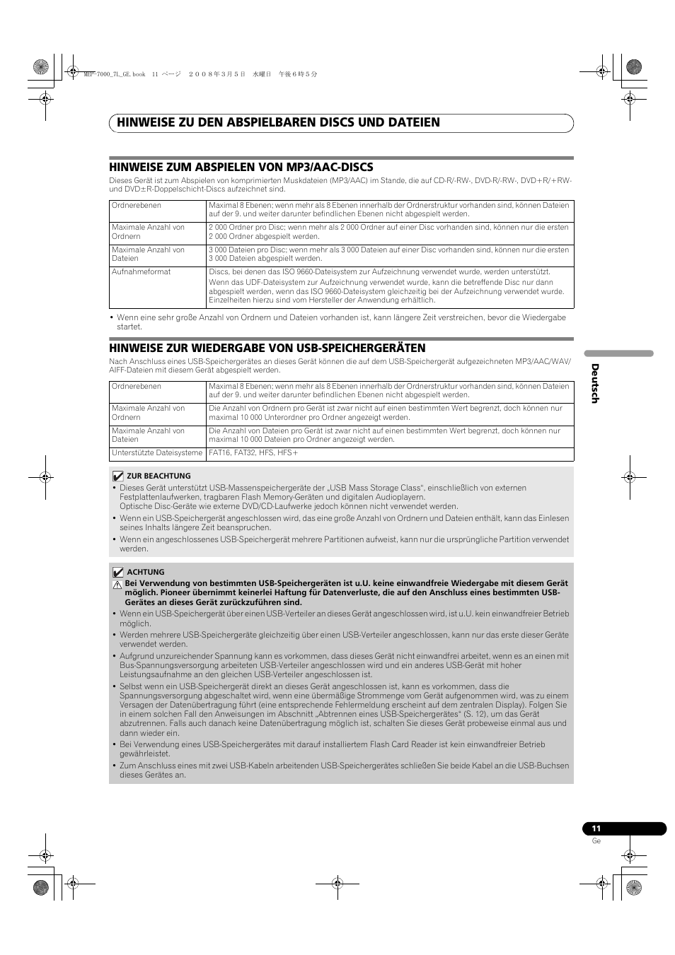 Hinweise zu den abspielbaren discs und dateien, Hinweise zum abspielen von mp3/aac-discs, Hinweise zur wiedergabe von usb-speichergeräten | Pioneer MEP-7000 User Manual | Page 147 / 206