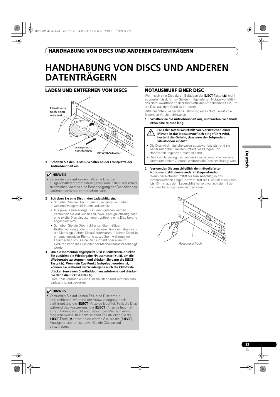 Datenträgern, Handhabung von discs und anderen datenträgern, Laden und entfernen von discs | Notauswurf einer disc | Pioneer MEP-7000 User Manual | Page 159 / 206